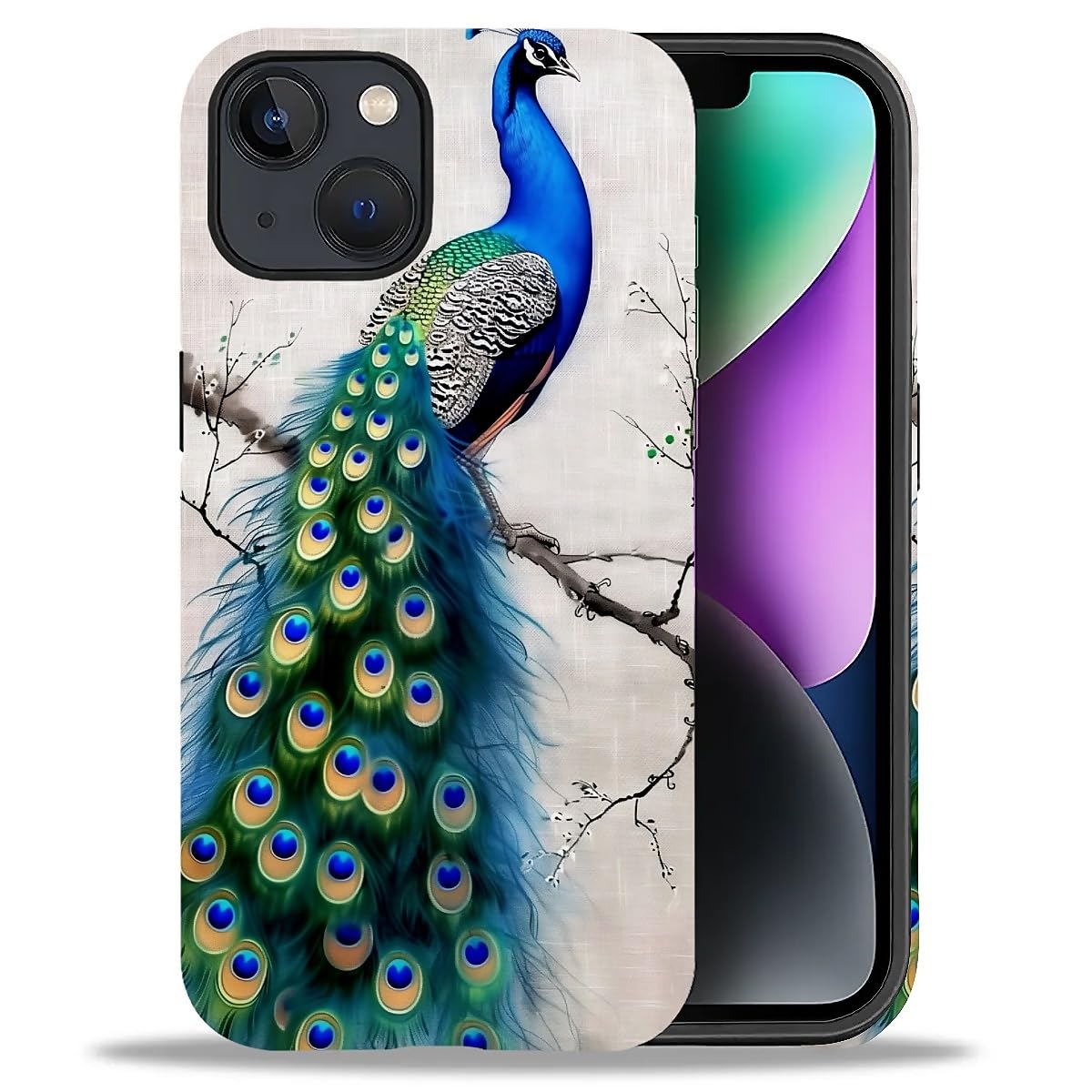 WANKBLC Compatible with iPhone 14 Plus Matte Case, Cute Peacock Tree Art Pattern for Girl Full Body Design Soft Silicone Drop Sh