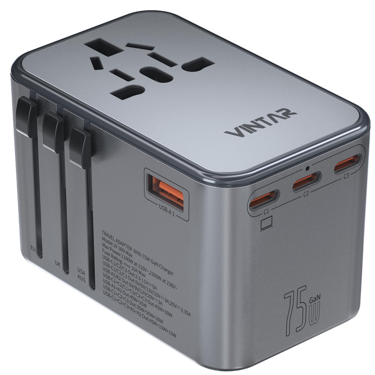 Universal Travel Adapter, Vintar 75W Gan International Power Adapter With 3 Usb-C Pd And 2 Usb-A Qc Charging Ports, All-In-One O