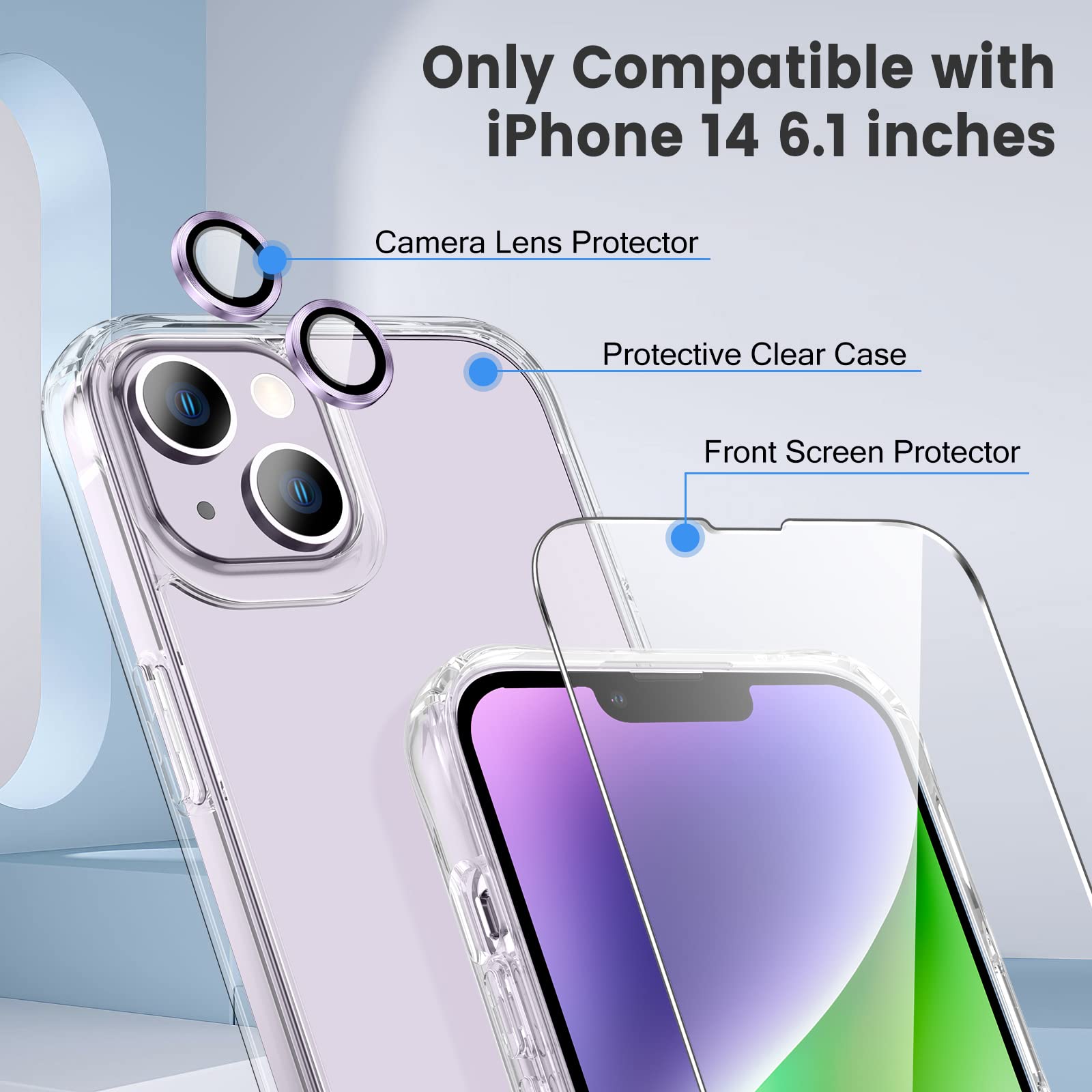 Maxdara [3 In 1 For Iphone 14 Case, Clear Case With Tempered Glass Screen Protector + Camera Lens Protector Drop Protection Case