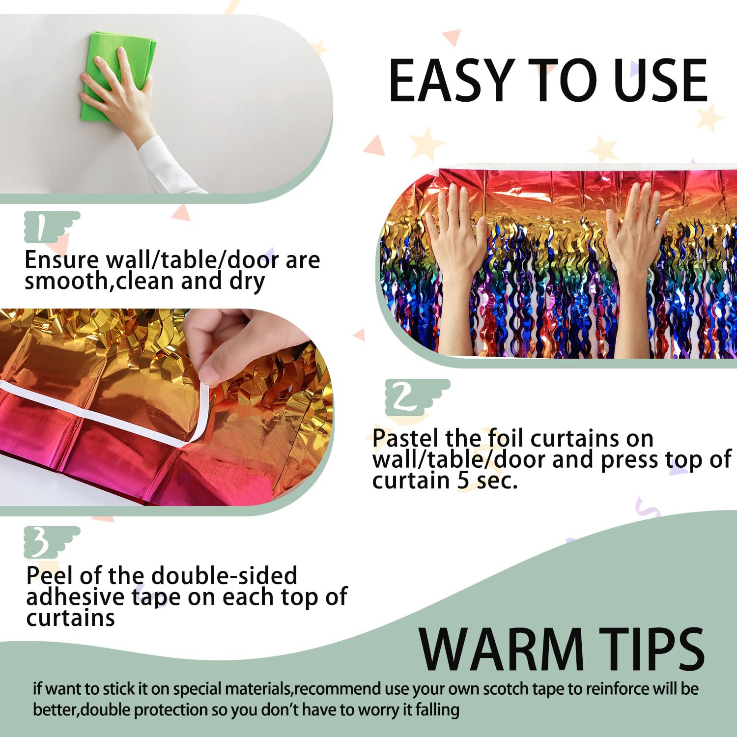 3 Pack Colorful Foil Fringe Curtain Backdrop   6.6 X 3.3 Ft Wavy Rainbow Tinsel Backdrop Curtain Metallic Streamers Iridescent H