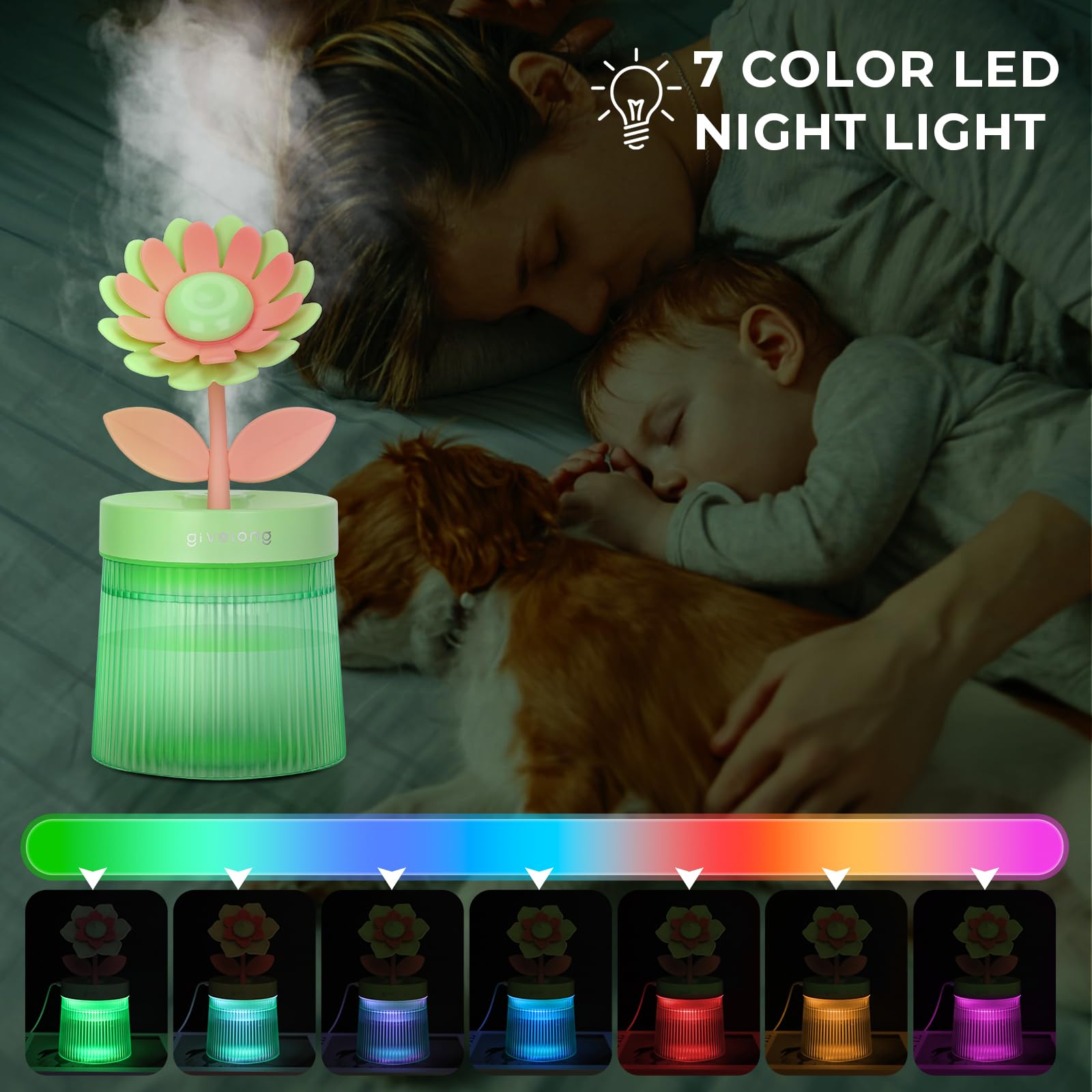 Cute Flower Mini Humidifier, 260Ml Sunflower Desktop Humidifiers For Bedroom, Portable Small Cool Mist Humidification For Home,