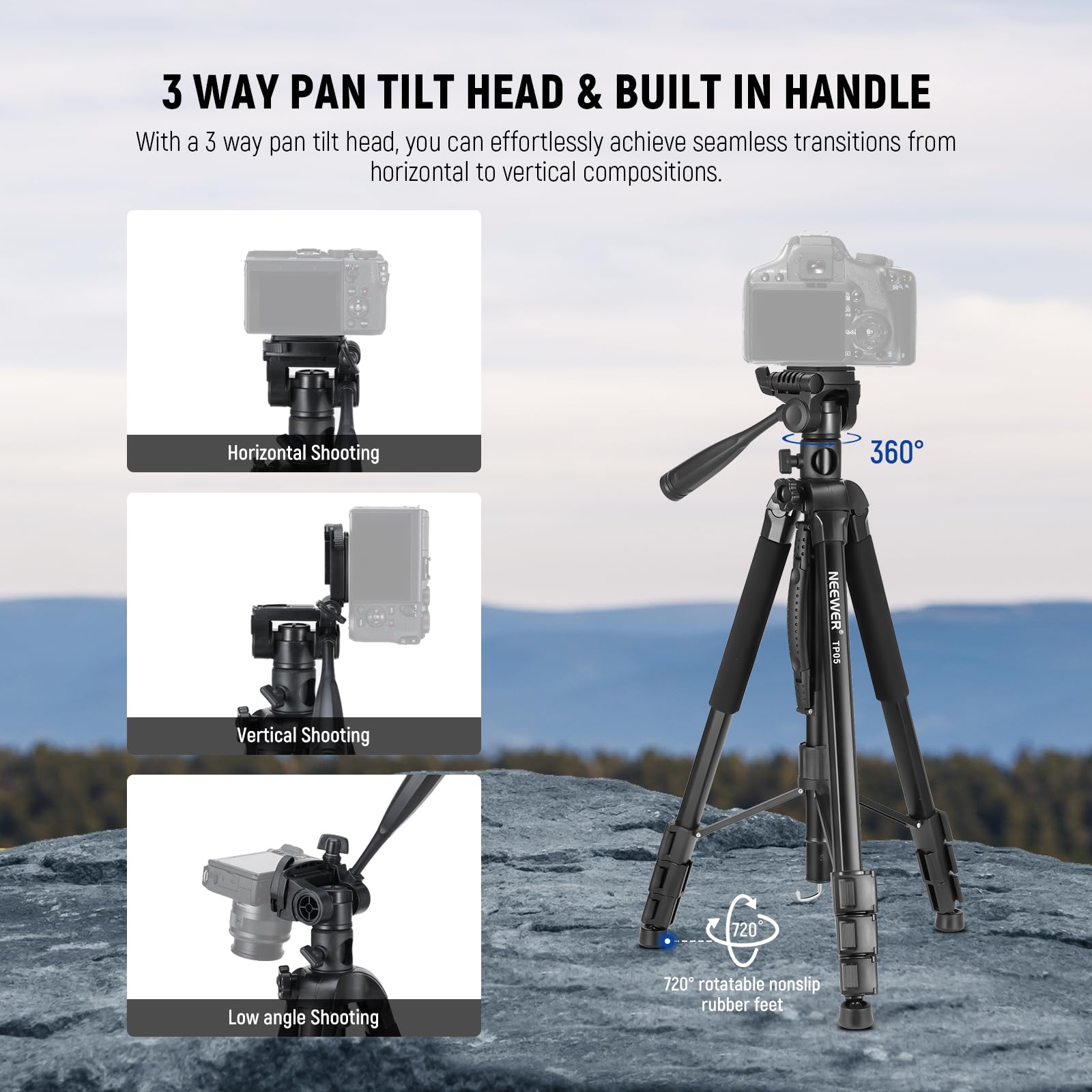 Neewer Basic 74'' Video Tripod Monopod, 3 Way Pan Tilt Head, Remote, Overhead Camera Mount, Horizontal Central Axis, Phone Holde