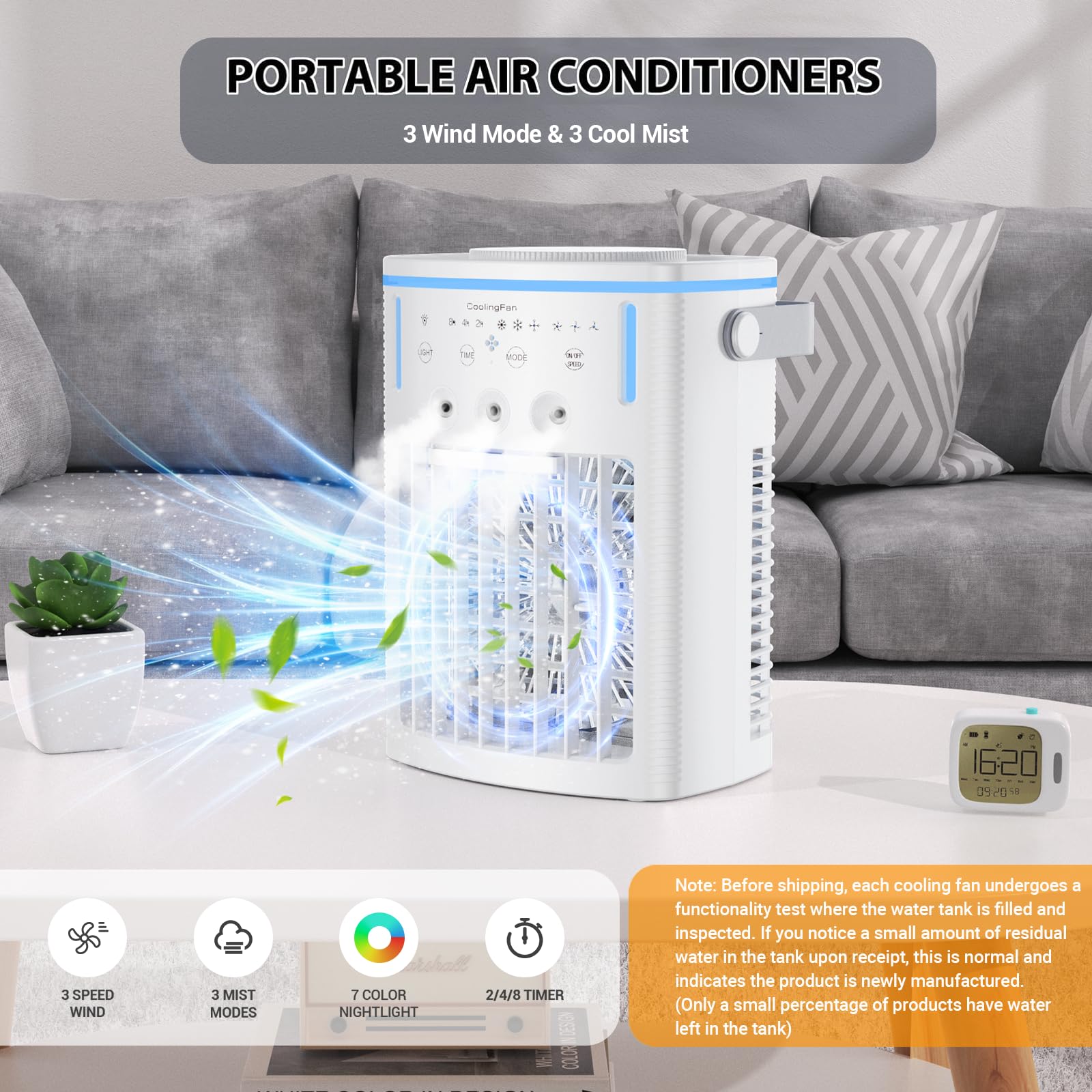 Angfa Portable Air Conditioners,Evaporative Air Cooler With 1000Ml Water Tank,3 Spray Ports,3 Speeds & 3 Mist Level,7 Color Nigh