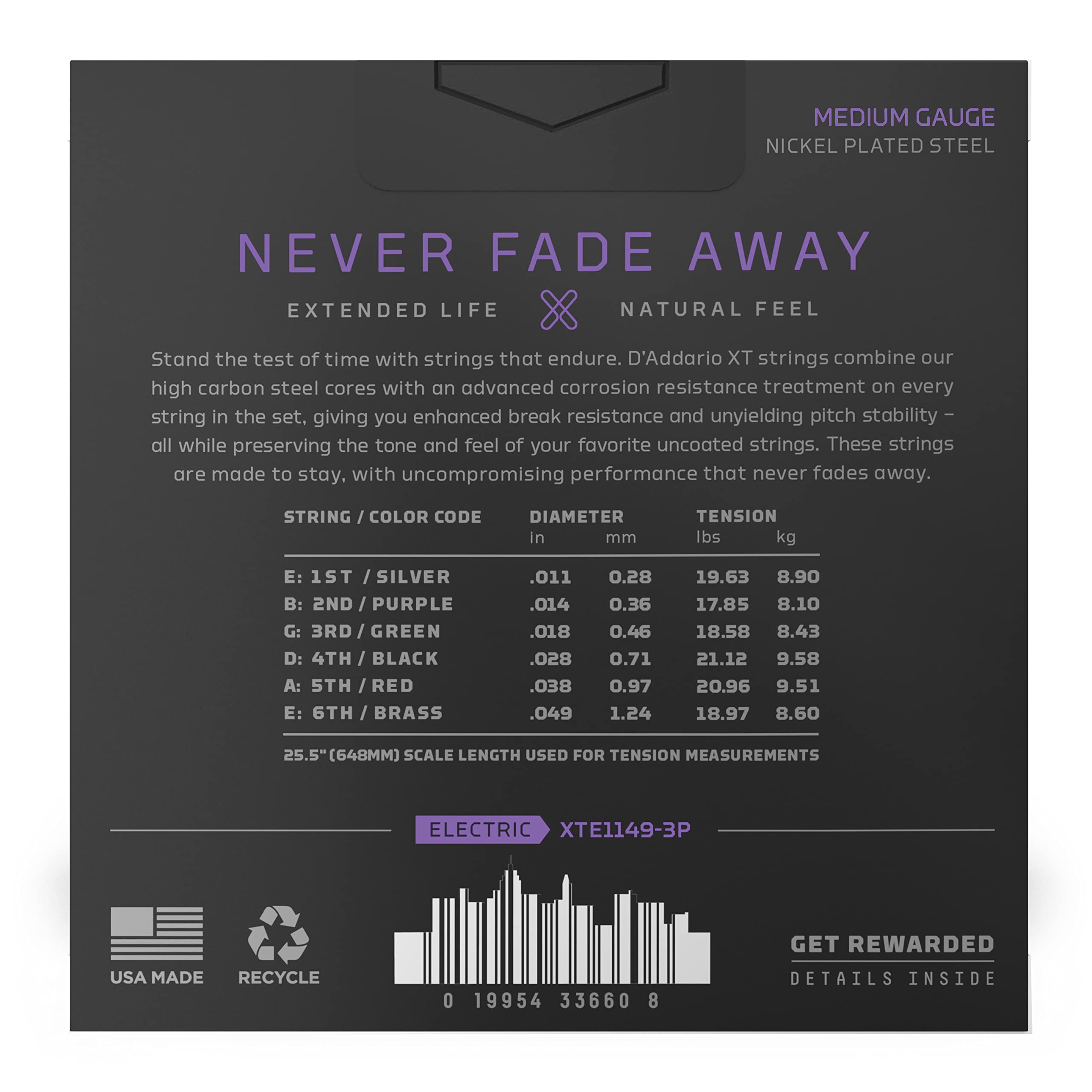 D'Addario Electric Guitar Strings, Xt Nickel Coated, Xte1149 3P, Medium Gauge 11 49, 6 String Set, Pack Of 3