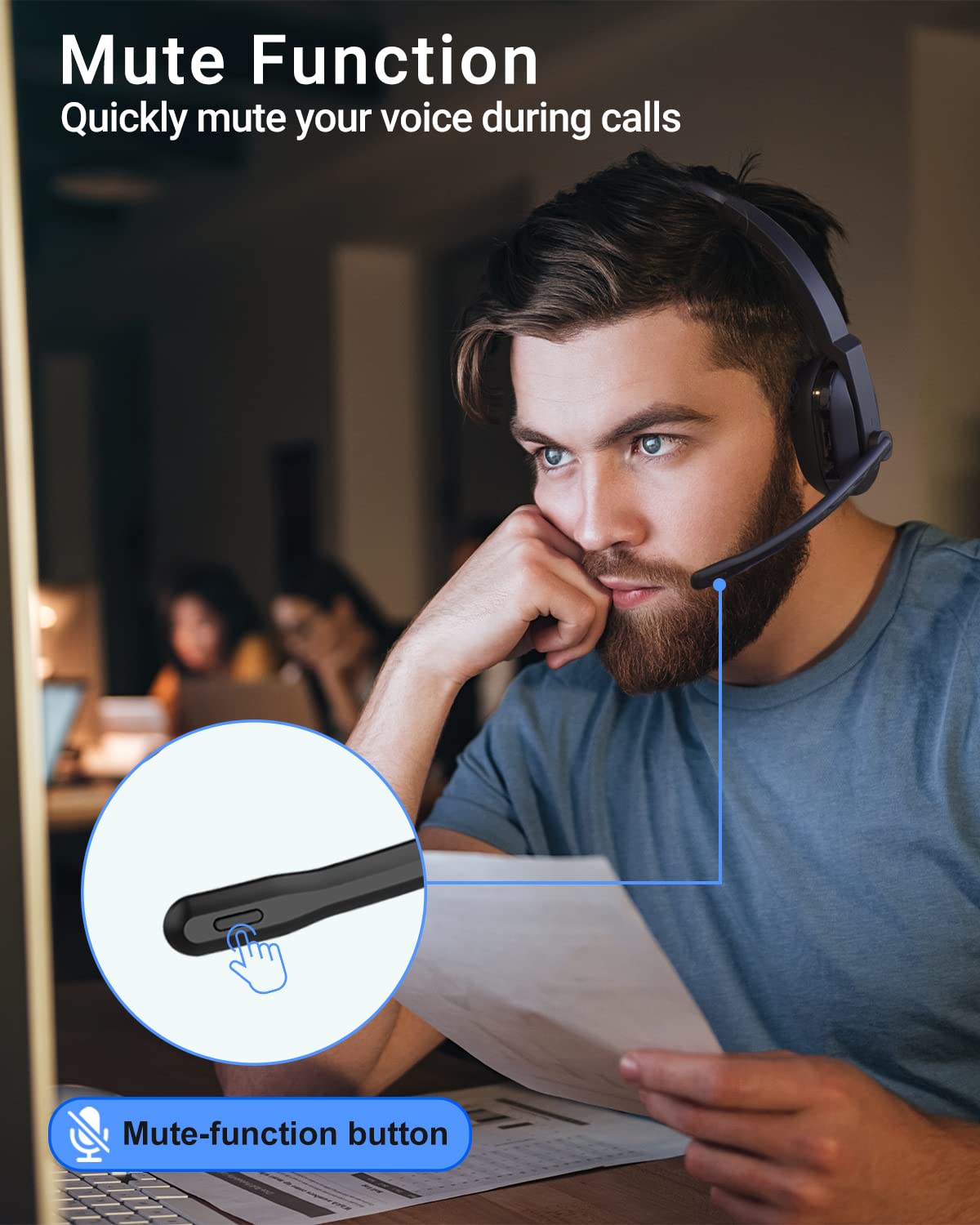 Huakua Bluetooth Headset With Microphone, Ai Noise Cancelling Wireless Headset With Mute Button 50 Hrs Talk Time For Computer Pc