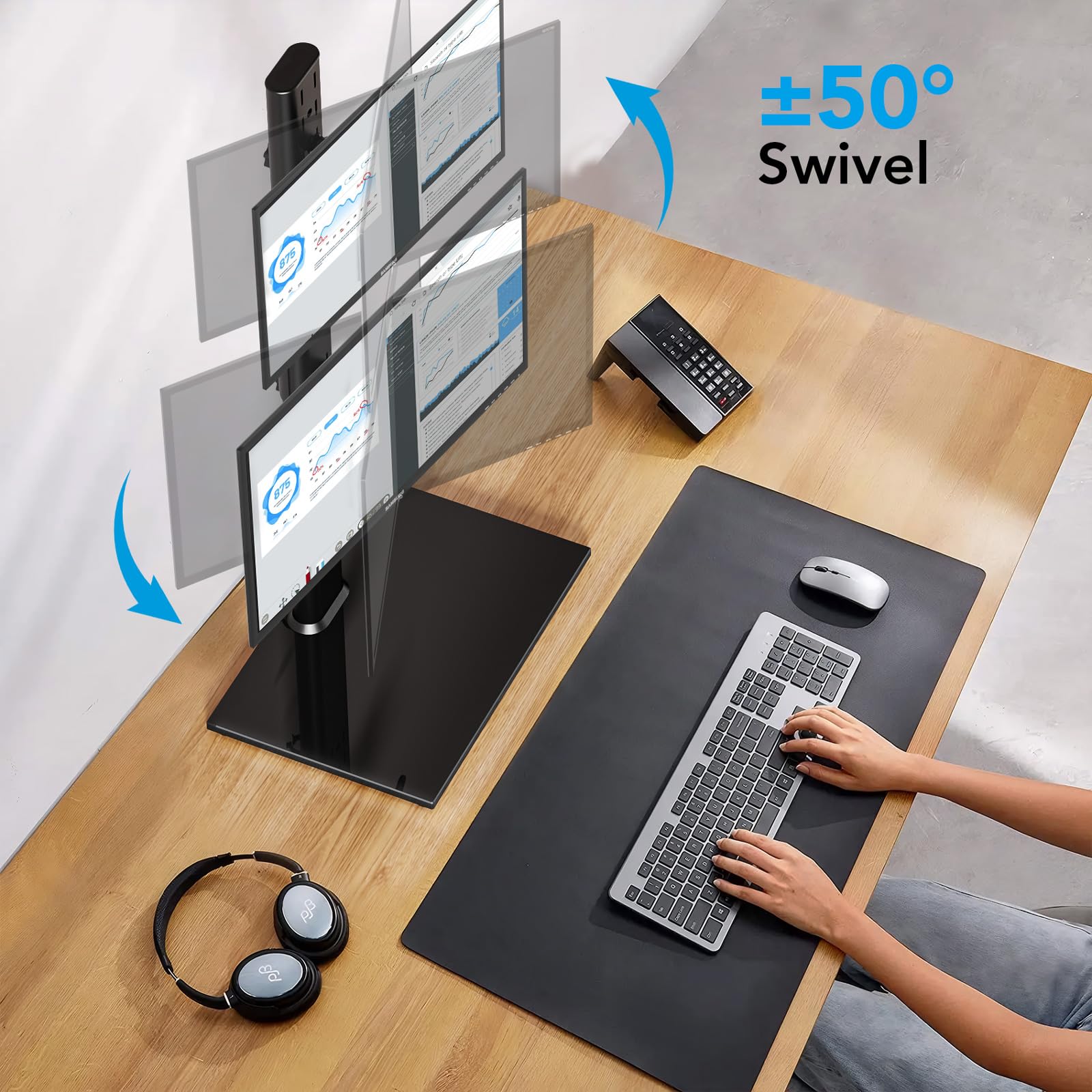 Dual Monitor Stand   Vertical Stack Screen Free Standing Desk Mount Arm Riser Fits Two 13 To 34 Inch Computer Monitors With Swiv