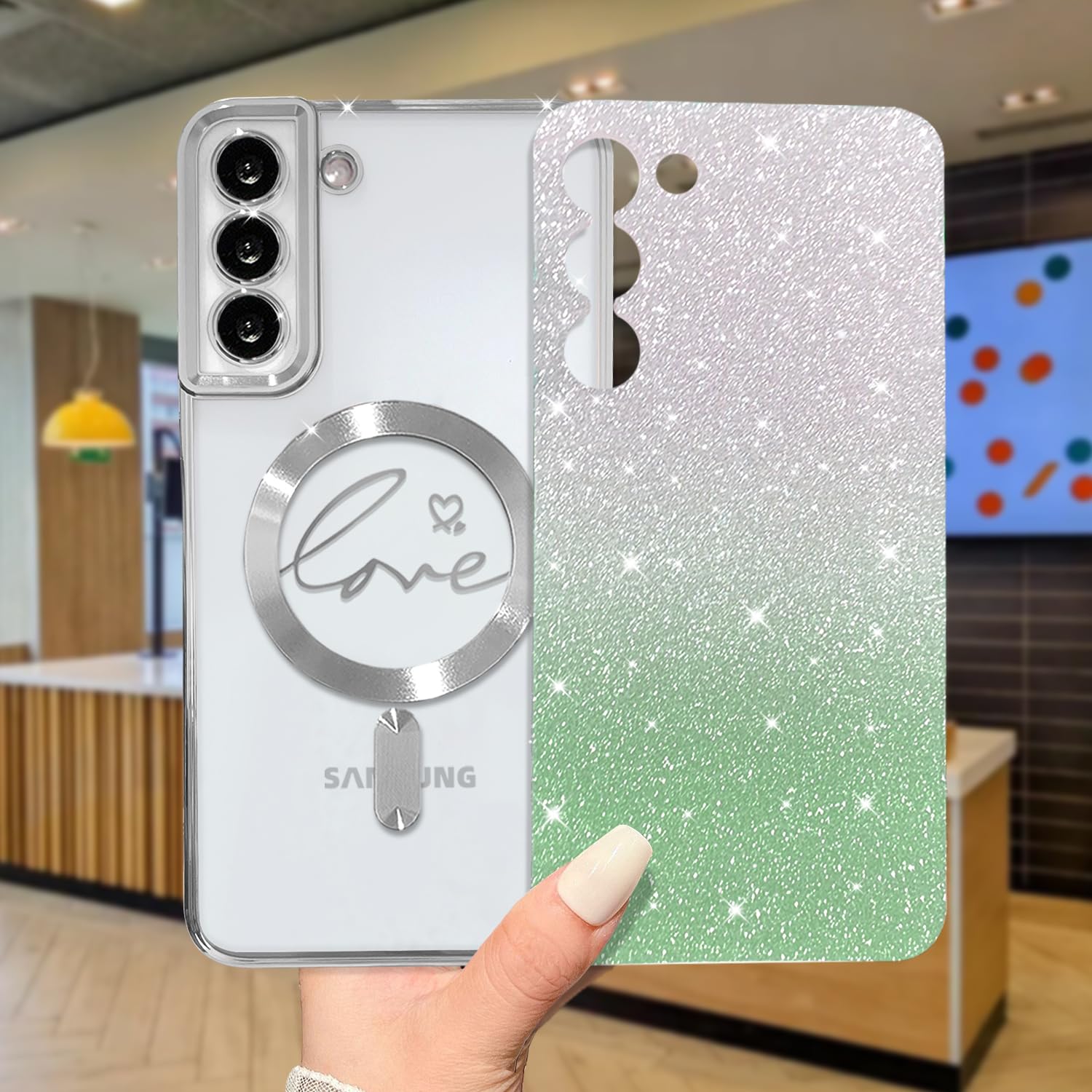 ZONRW Samsung Galaxy S22 Plus Case - Green Magnetic Bling Glitter Shockproof Clear Cover for Women, Cute Luxury Love Heart Design