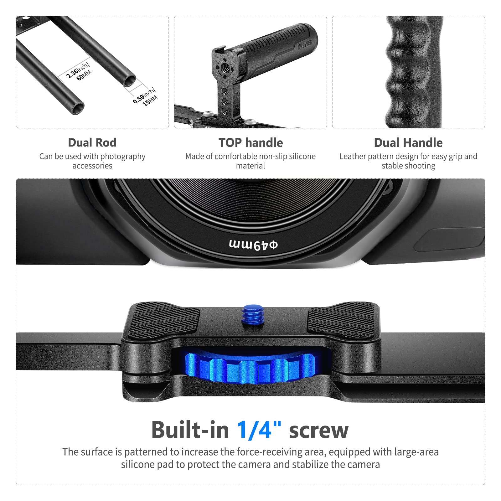 Neewer Aluminum Alloy Camera Cage, Filmmaking Rig With Top Handle, Dual Grips & Arca Type Base, Compatible With Sony A7S Iii A7I