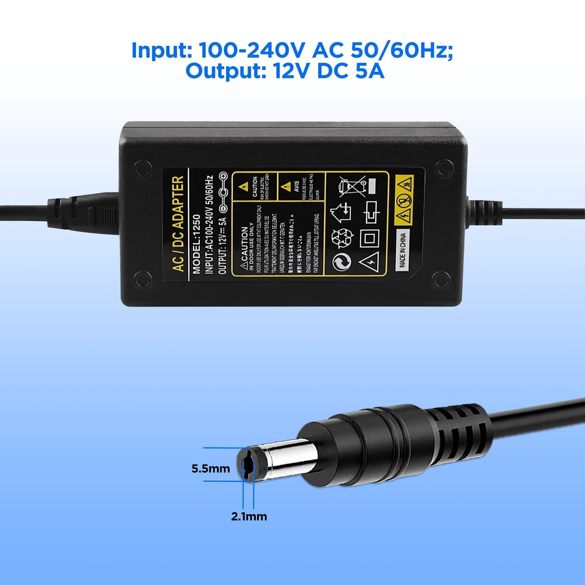 Bxizxd Security Camera Power Adapter 12V 5A 100V 240V Ac To 12V Dc Led Power Transformers 8 Way Power Splitter Cable For Cctv/Ca