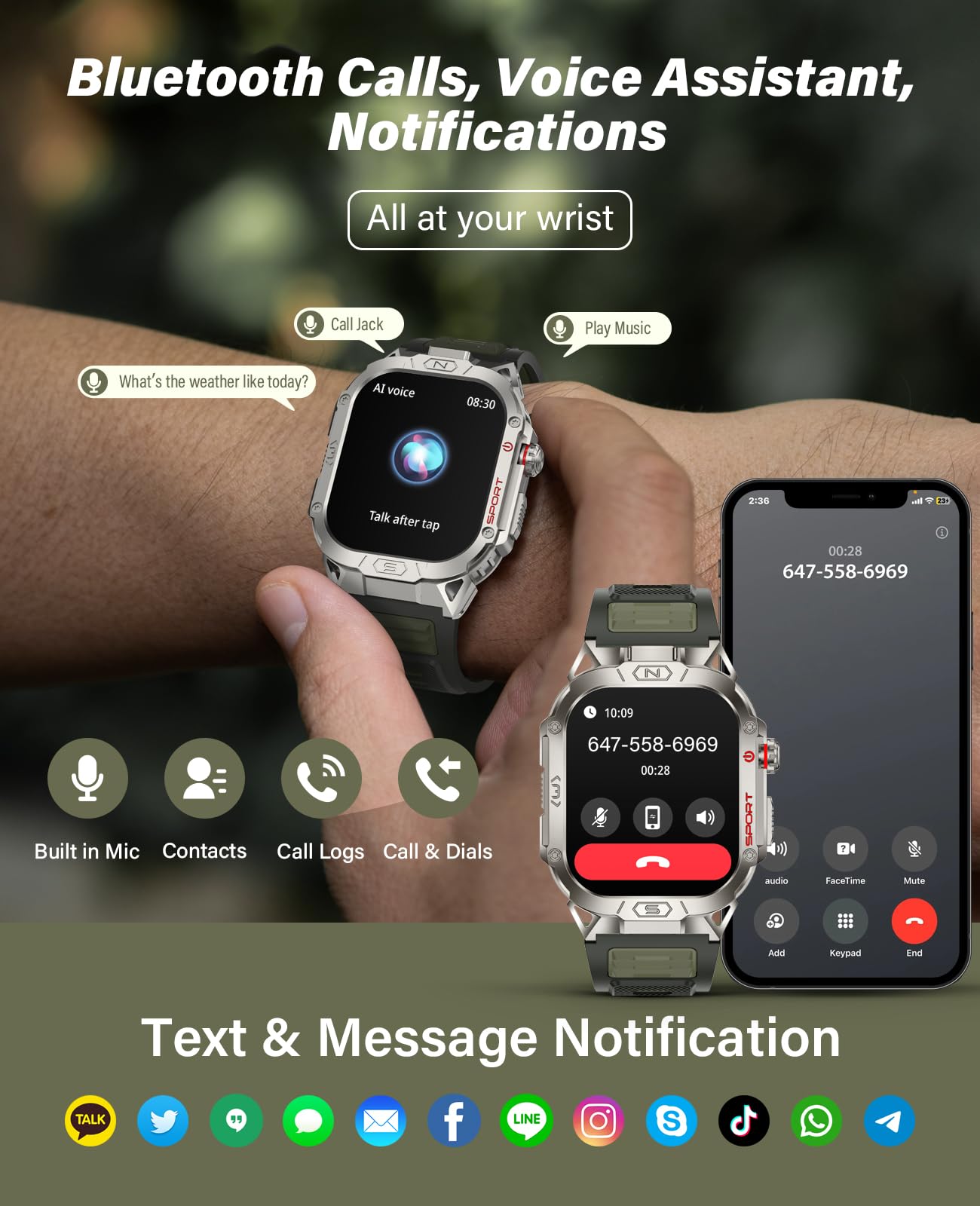 Souyie Smart Watch For Men With Led Flashlight, 2.02 '' Hd Display Rugged Outdoor Sport Smartwatch With Compass/Altimeter/Barome