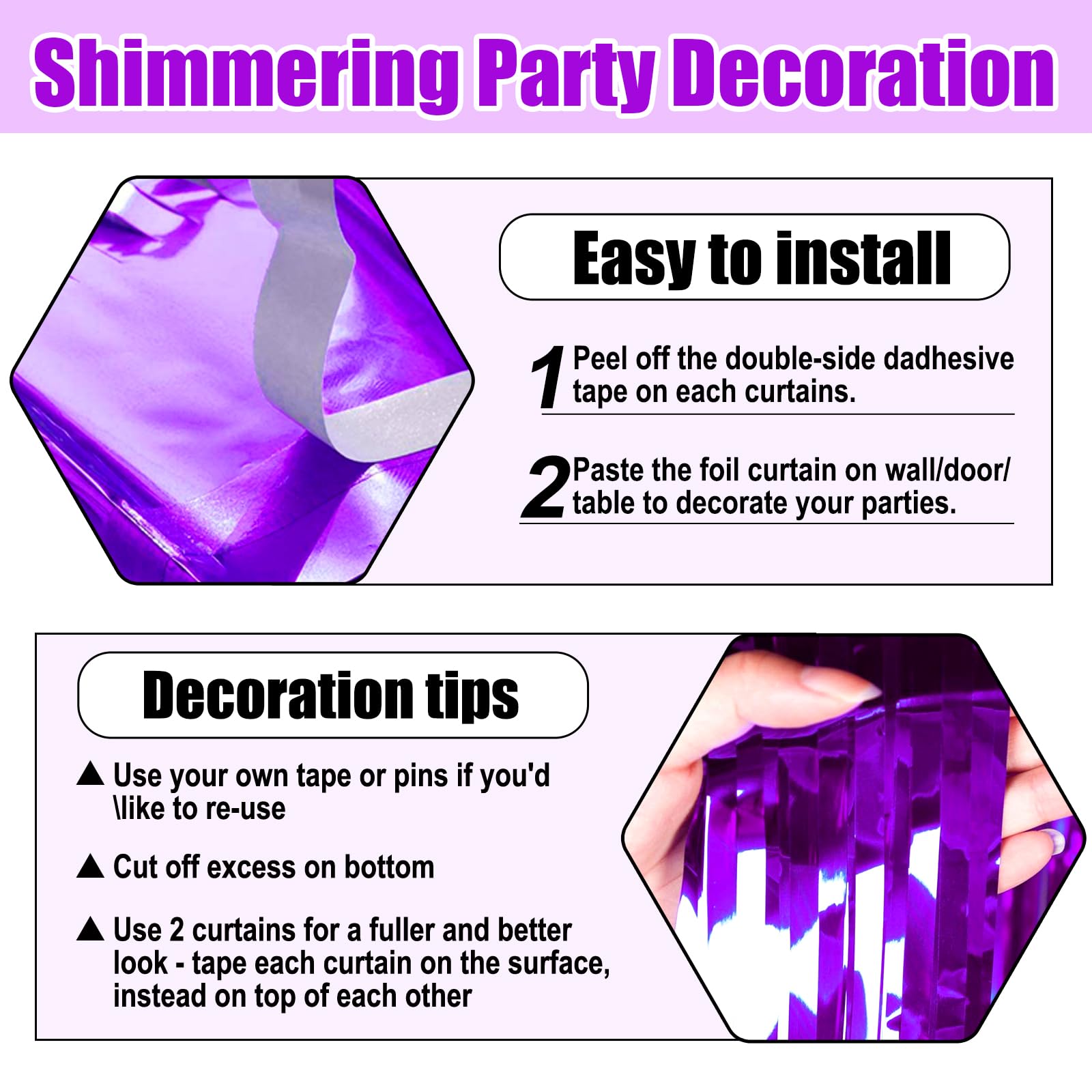 3 Pack Purple Foil Fringe Curtain Backdrop, 3.28Ft X 8.2Ft Metallic Tinsel Foil Fringe Streamer Curtains For Photo Booth, Christ