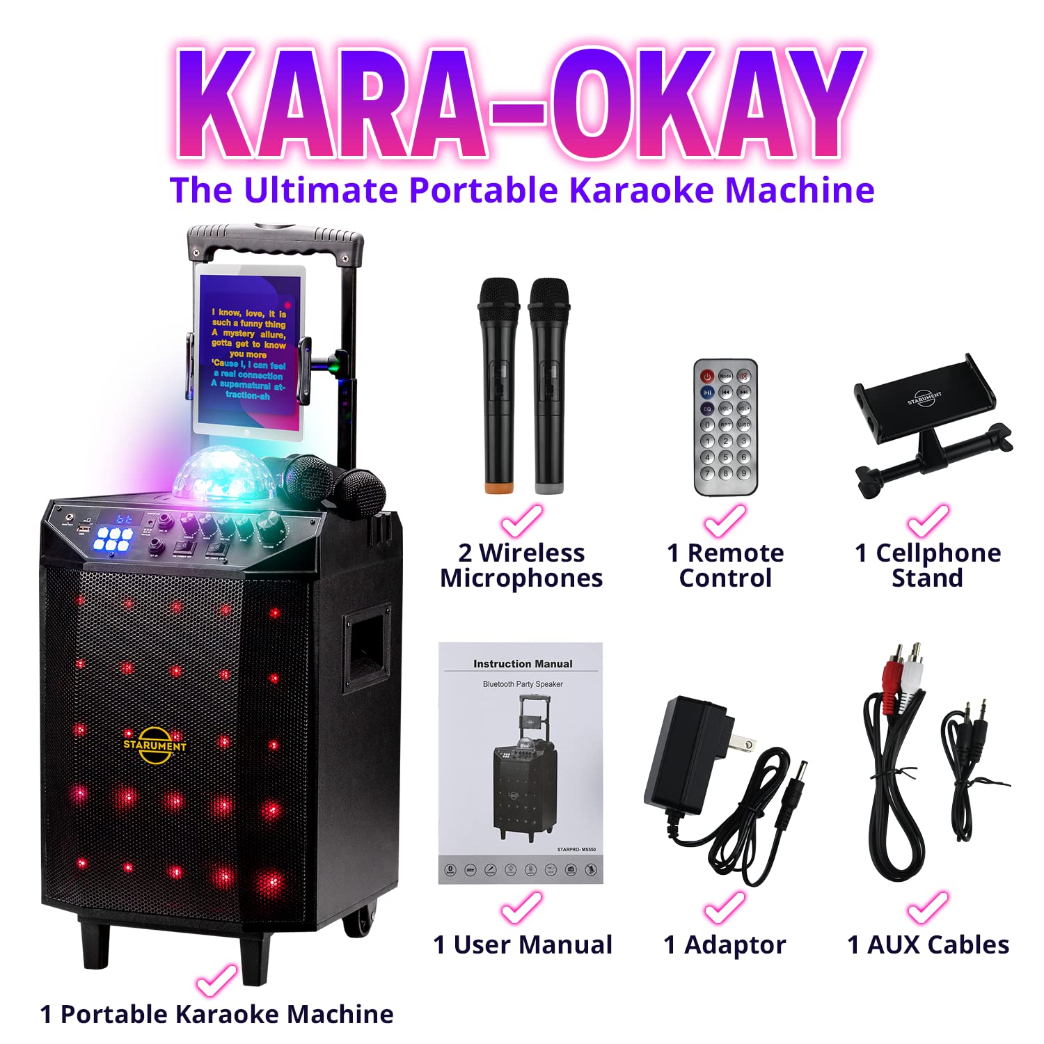 Starument Portable Karaoke Machine For Adults & Kids Complete Karaoke System Includes Bluetooth Speakers On Wheels, 2 Bluetooth