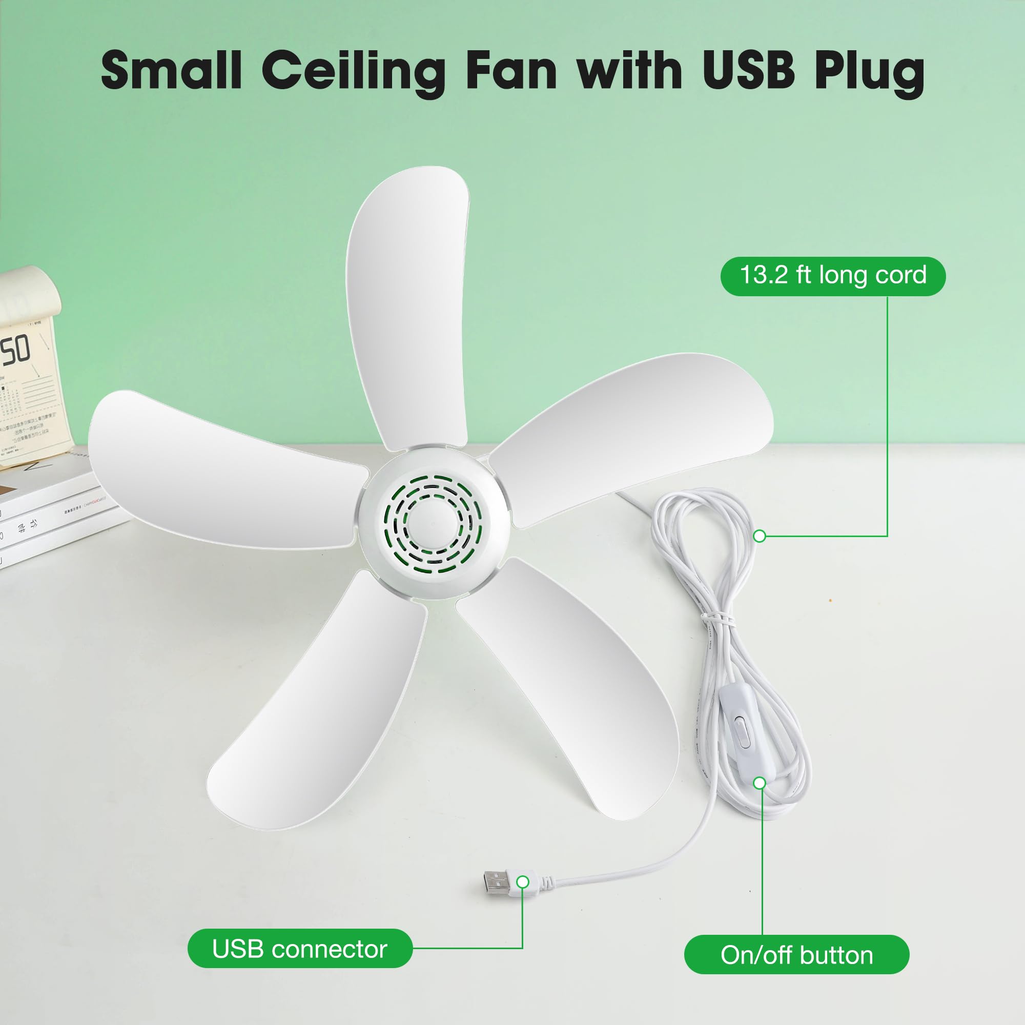 Roodike Mini Usb Ceiling Fan For Camping Tent, 17'' Portable Hanging Ceiling Fan For Outdoor Gazebo Or Rv, 13.2Ft Long Cord With