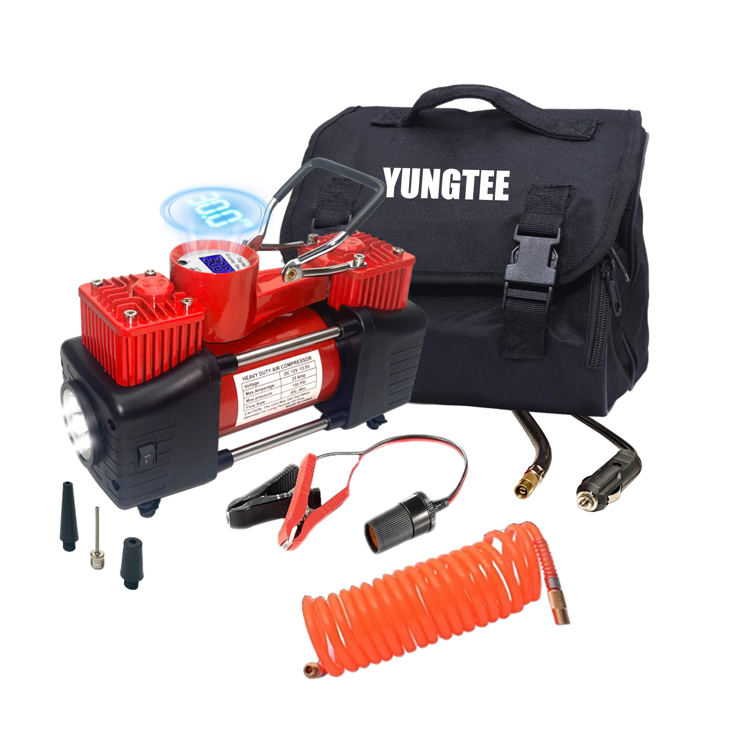 Yungtee Red Tire Inflator Heavy Duty Double Cylinders Direct Drive Inflation Pump,12V Portable Air Compressor Pump With Led Ligh