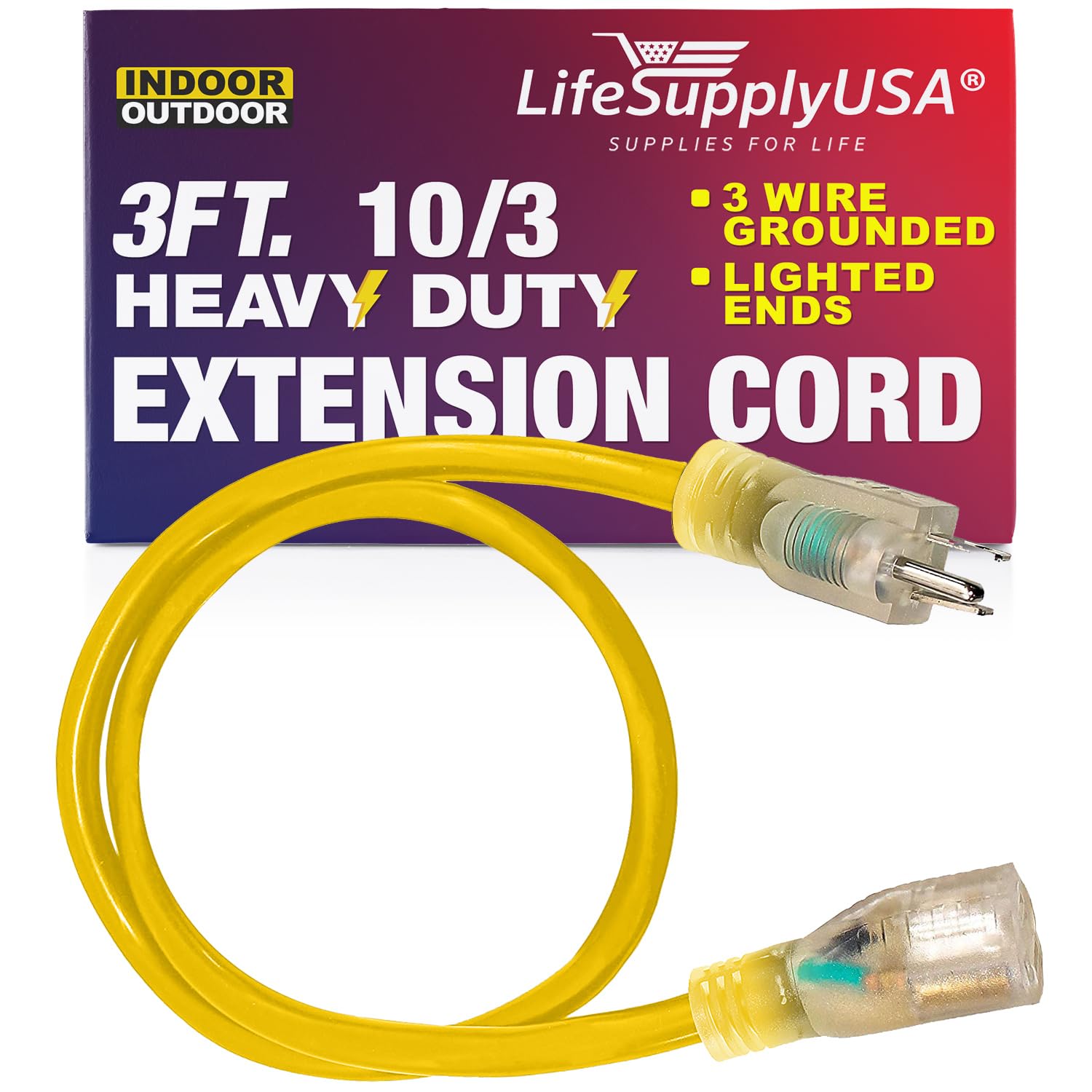 Lifesupplyusa 3 Ft Power Extension Cord Outdoor & Indoor Heavy Duty 10 Gauge/3 Prong Sjtw (Yellow) Lighted End Extra Durability