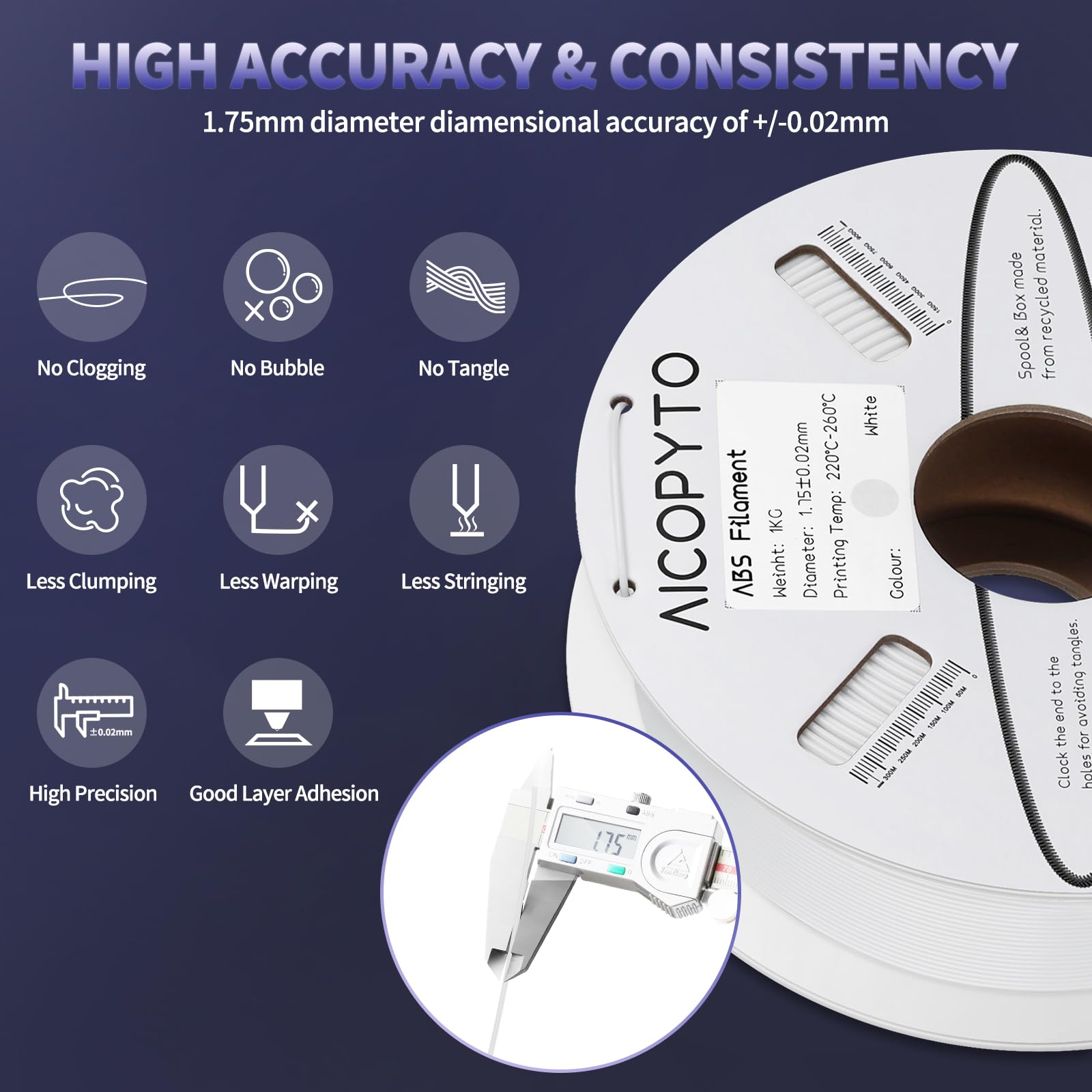 Aicopyto Abs Filament 1.75Mm, 3D Printer Filament Dimensional Accuracy +/- 0.02Mm, 1Kg Cardboard Spool (2.2 Lbs) 3D Printing Fit