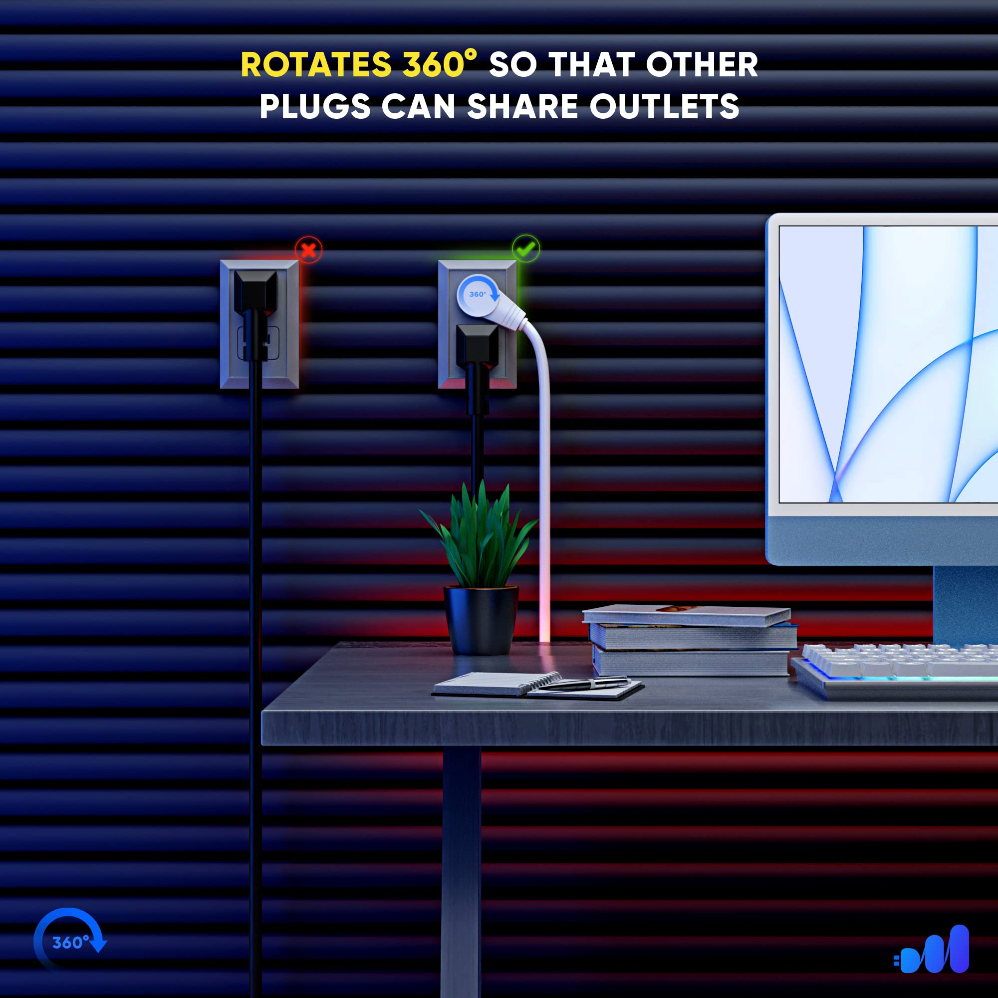 Maximm Extension Cord 6 Foot White Flat Plug, 360� Rotating Short Power Cord Single Outlet, Indoor 16 Gauge 3 Prong Grounded Wire Ul Certified (6Ft White)