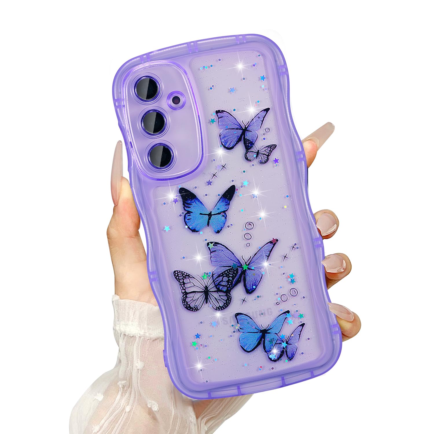 UEEBAI Wave Butterfly Case for Samsung Galaxy S21 Plus Case, Pretty Bling Star Butterfly for Women Cute Shiny Glitter Phone Cove