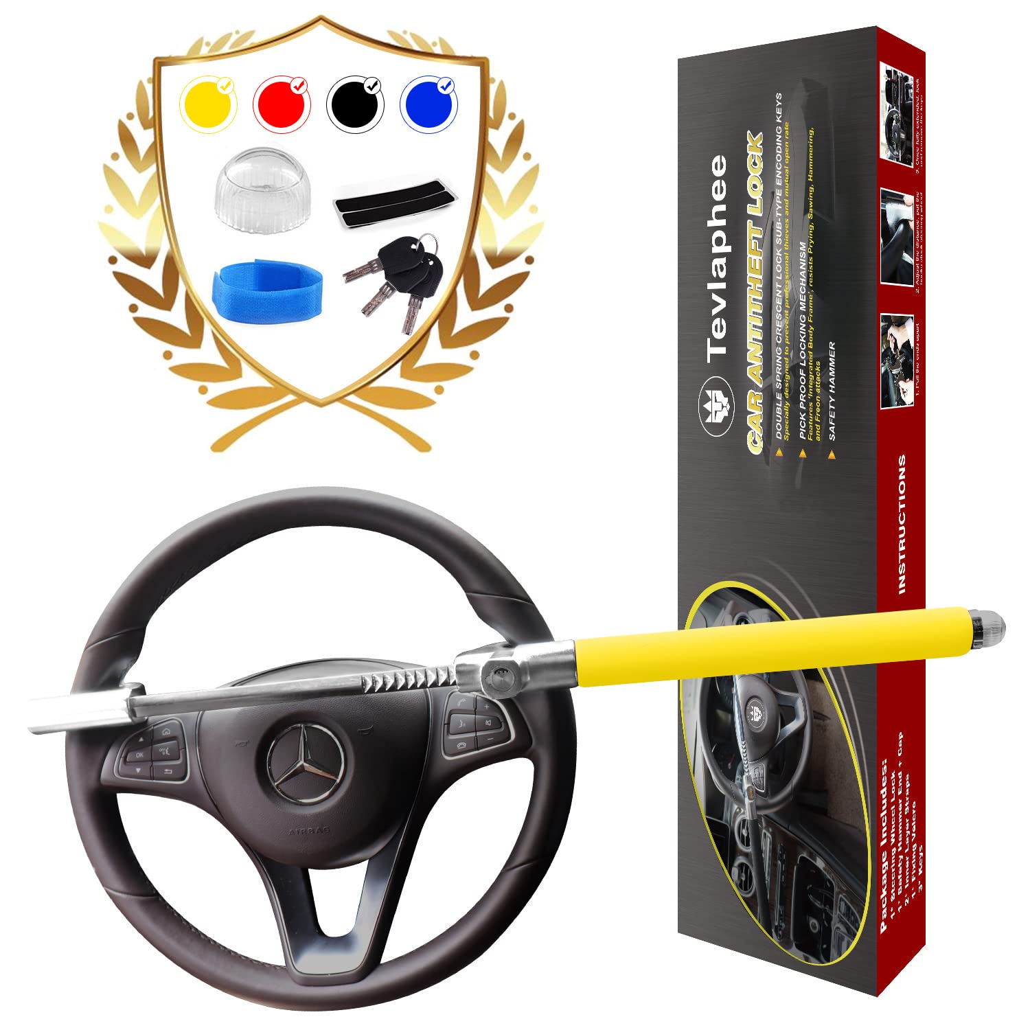 Tevlaphee Steering Wheel Lock Anti Theft Car Device Universal Car Theft Prevention Car Lock Adjustable Double Hook Emergency Ham