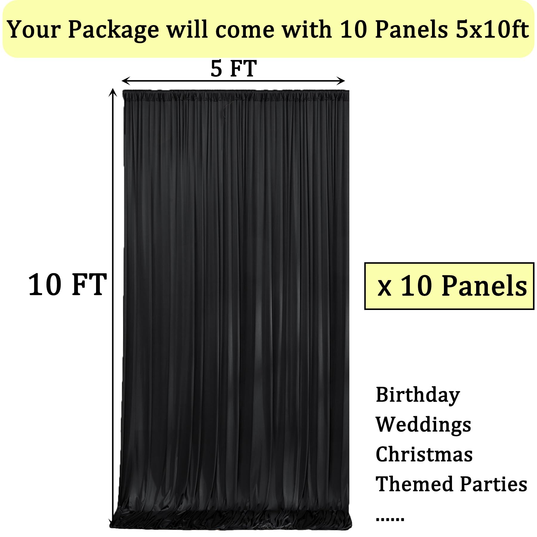 Black Backdrop Curtain For Parties, 10 Panels Wrinkle Free Polyester Photo Backdrop Drapes For Weddings Birthday Anniversary Gra