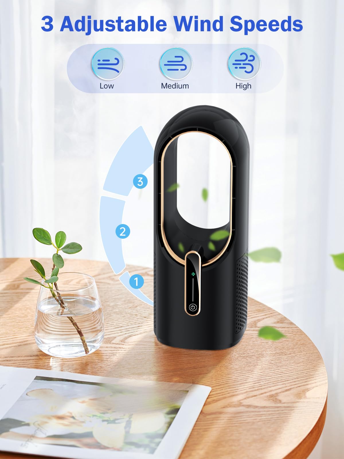 Misby Desk Fan, 11.8 Inch Portable Bladeless Fan, Small Office Rechargeable Fan With 5000Mah Battery, 3 Adjustable Speeds, Touch