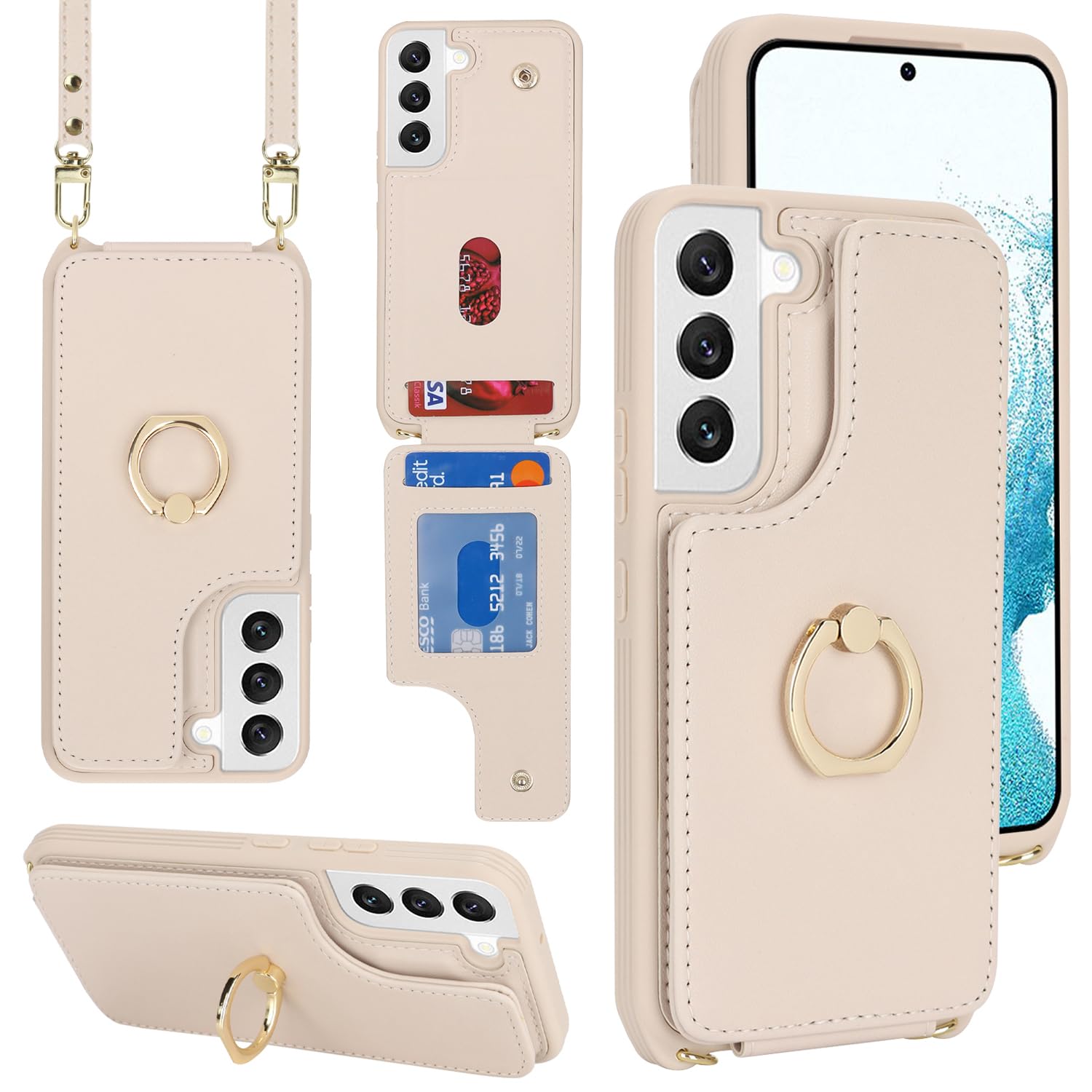 Lipvina For Samsung Galaxy S22 Case With Card Holder And Strap For Women,Crossbody Lanyard,Stand Ring Kickstand,Snap Clasp,Phone