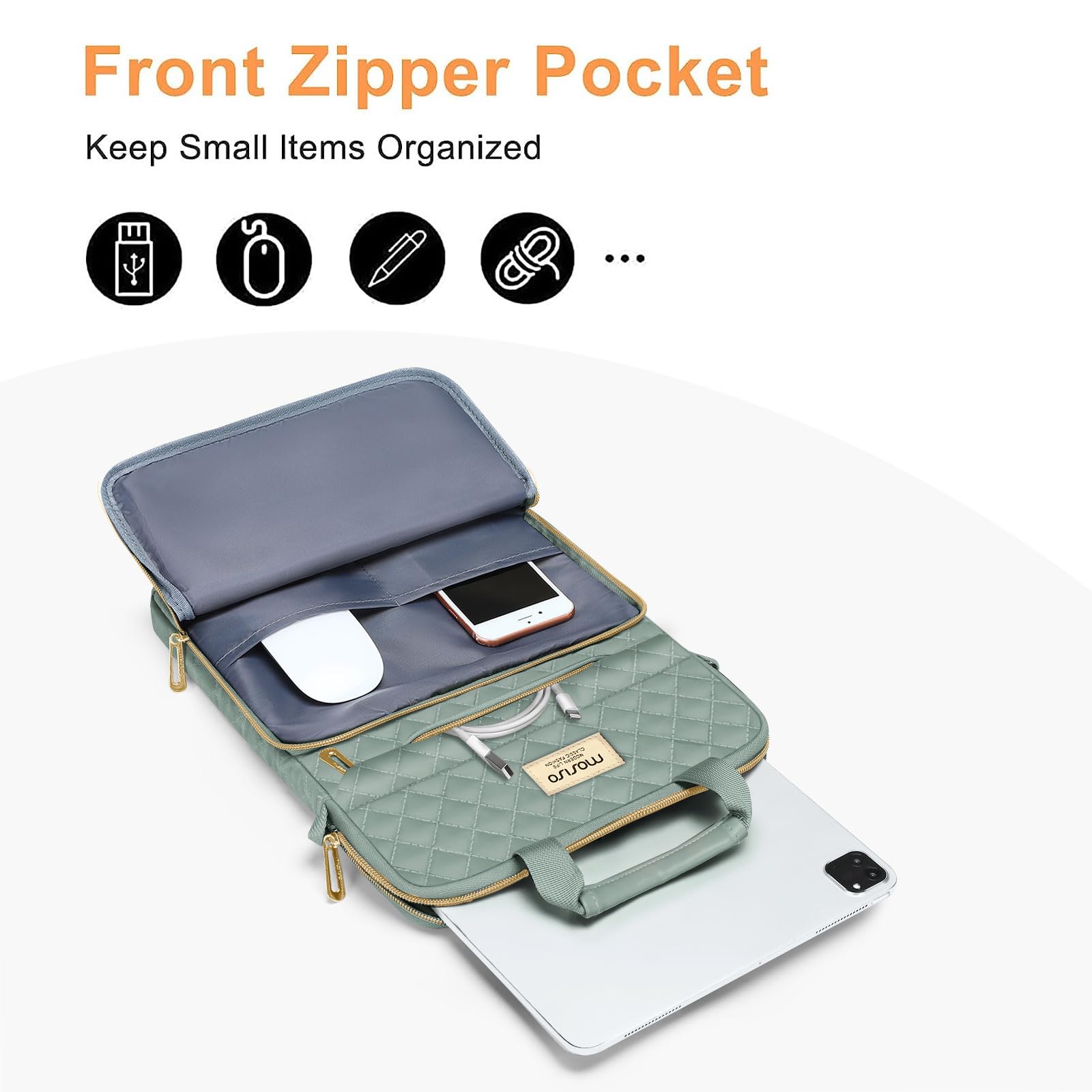 Mosiso 12.9 Inch Tablet Sleeve For 13 Inch Ipad Pro M4 & Ipad Air M2 2024, Ipad Pro 12.9 M2 & M1 2022 2018, Galaxy Tab S8+/S9+ 12.4,Square Quilted Carrying Case With Front 2 Pockets, Antique Green