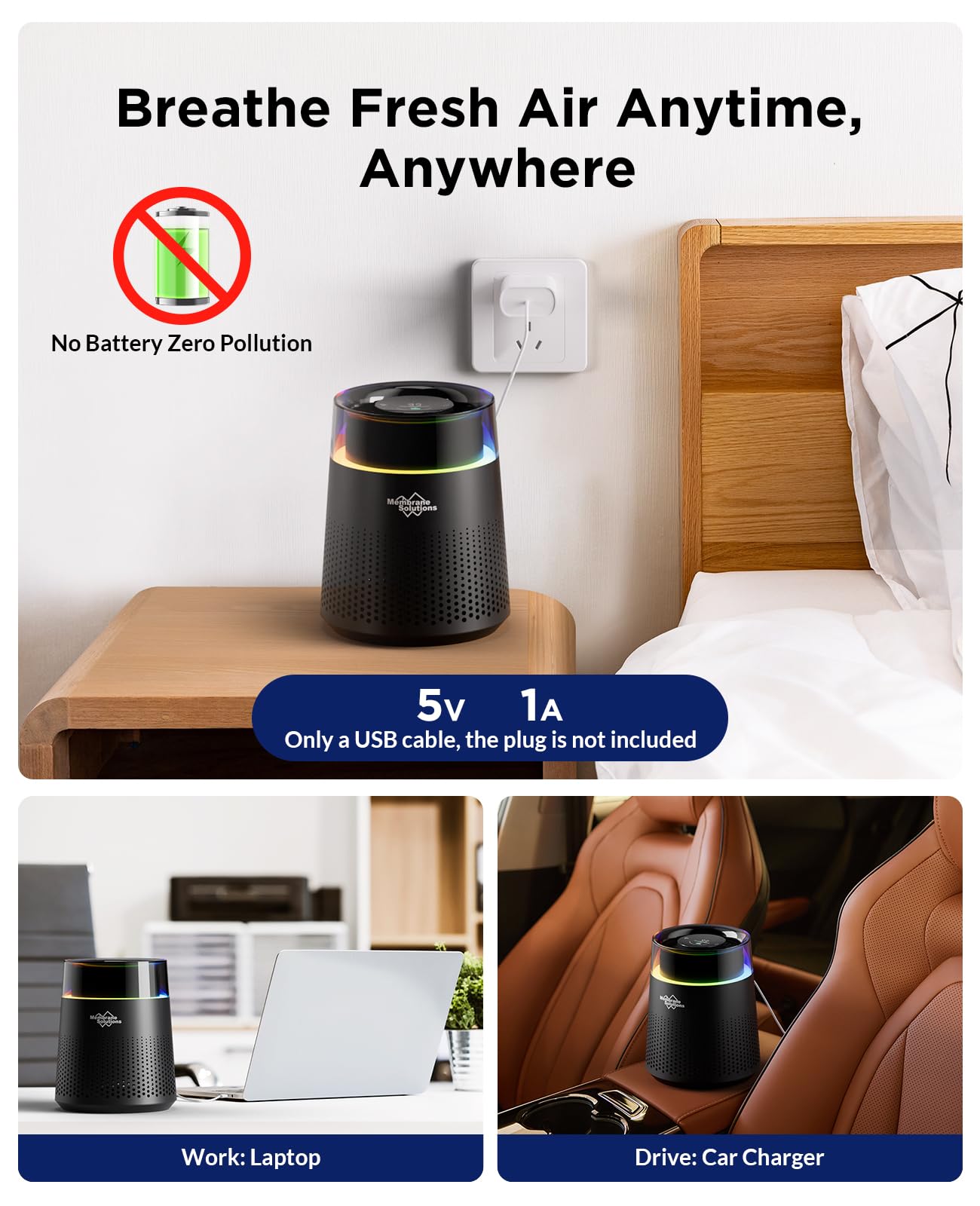 Membrane Solutions MSB5 Air Purifier, H13 True HEPA, 20dB Quiet, Sleep Mode, Colorful Night Light, Black