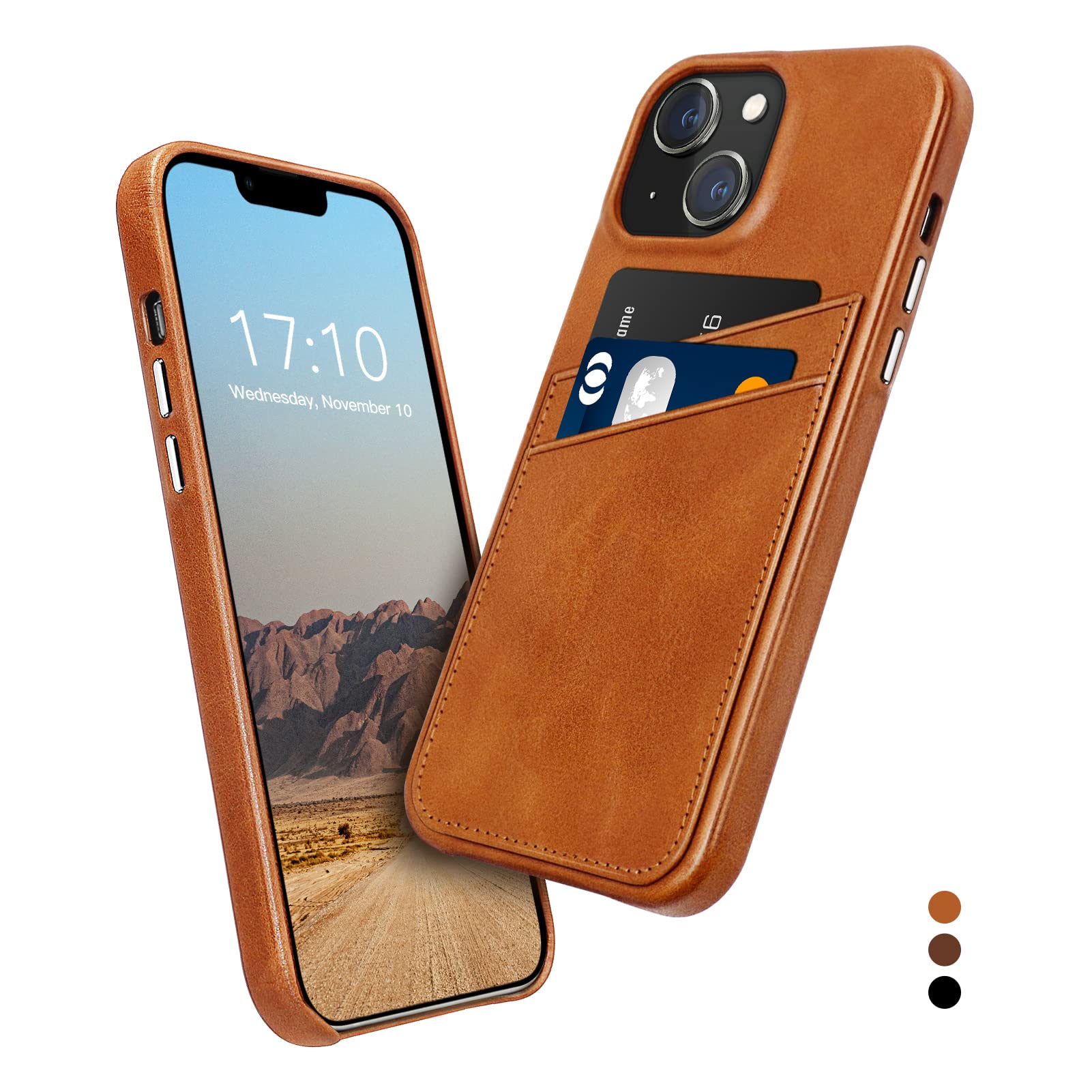 Luckycoin For Iphone 13 Leather Case Vintage Genuine Leather With Card Holder Card Slot Shock Absorbent Protective Case Metal Bu