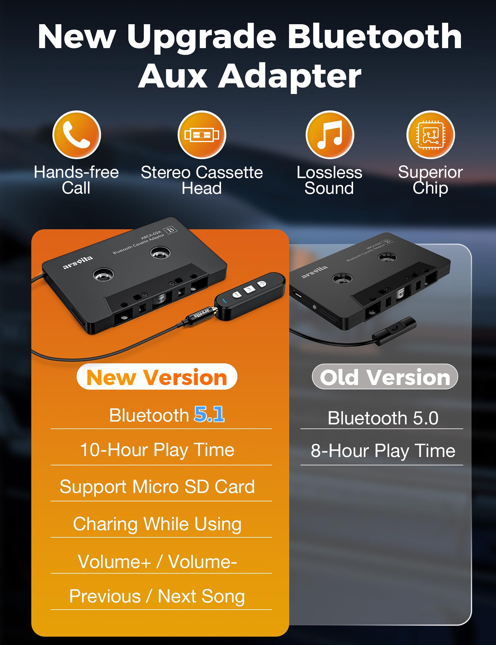 arsvita Bluetooth Cassette to Aux Adapter, 5.1 Receiver Kit, 3.5mm Compatibility, Black, Small Size, Type BCAK04