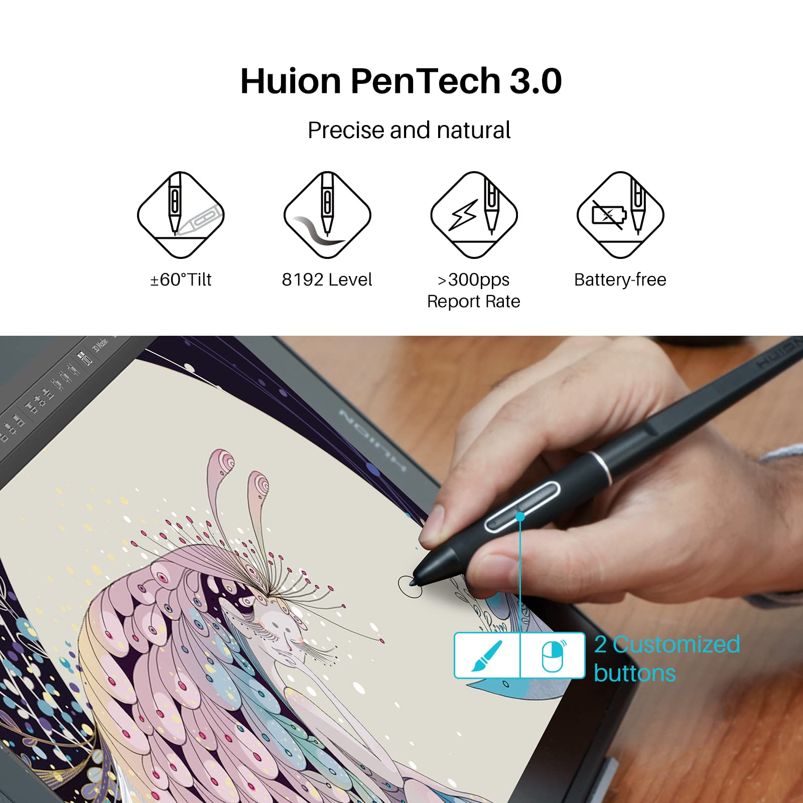 Huion Kamvas Pro 16 2.5K Qhd Drawing Tablet With Screen Qled Full-Laminated Graphics Tablet With Battery-Free Pen, 15.8-Inch Dig