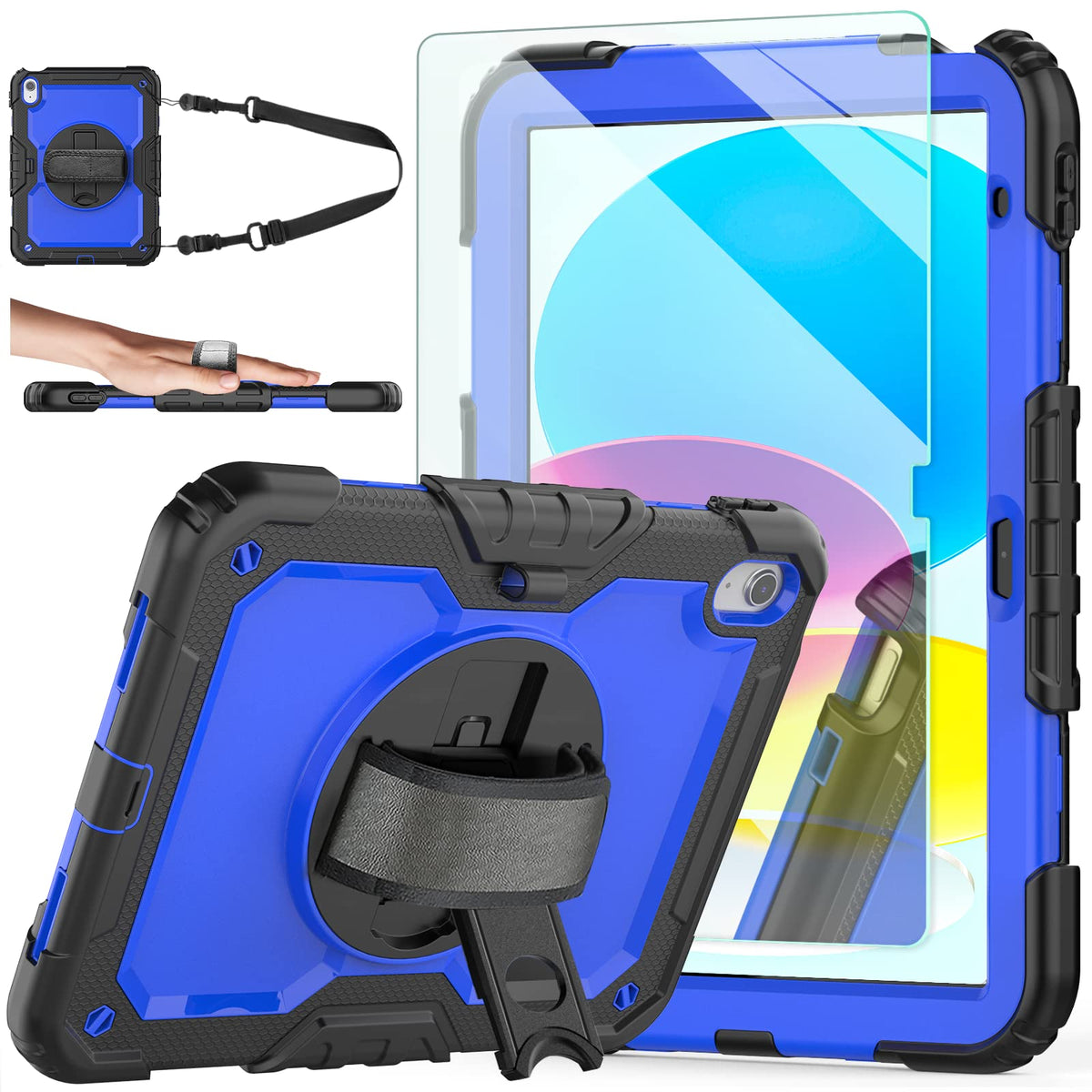 Ambison Case For Ipad (A16) 11Th Generation 2025 11-Inch/10Th Generation 2022 10.9'', Heavy Duty Shockproof Protective Case With 9H Tempered Glass Screen Protector,360° Rotate Hand Strap&Stand-Blue