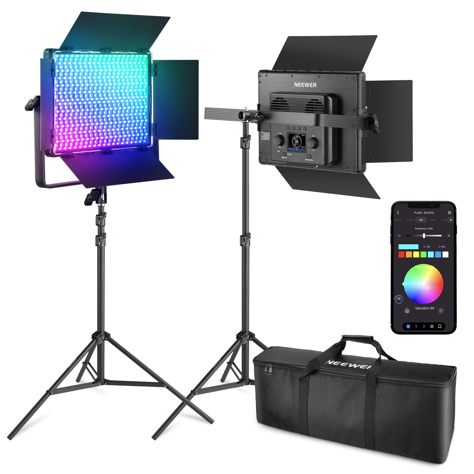 Neewer 2 Pack Pl60C Rgb Led Panel Video Light Kit With 6.6Ft/2M Spring Cushioned Light Stands/Bag, App/2.4G/Dmx Control, 60W 230