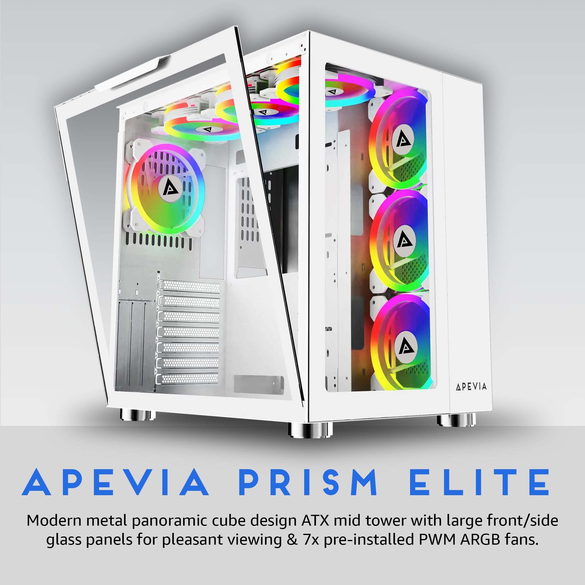 Apevia Prism Elite Wh Prism Elite Mid Tower Atx Gaming Pc Cube Case W/ 7X 120Mm Pwm Argb Fans, 366 Rgb Modes, Dual Tempered Glas