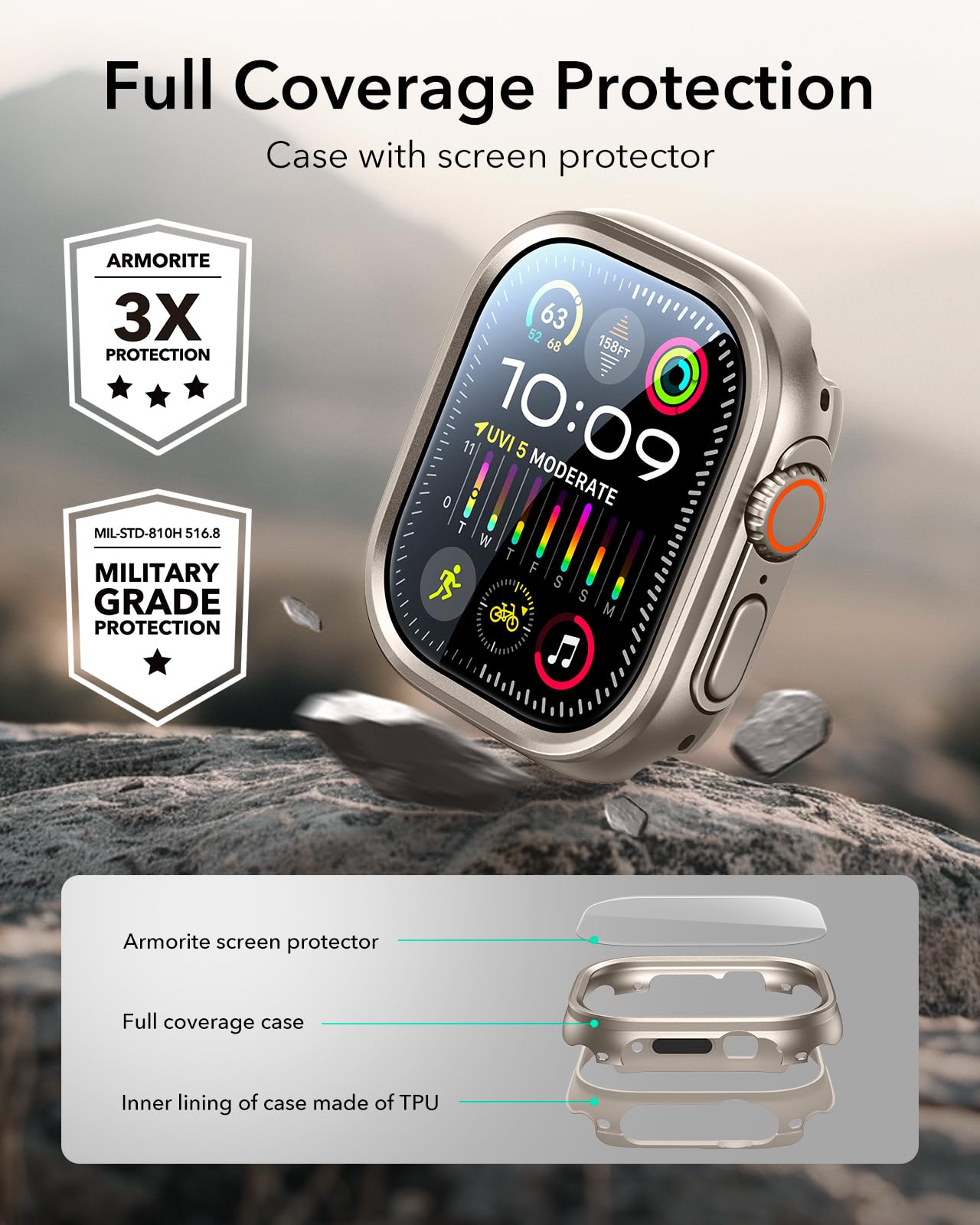 Esr For Apple Watch Ultra 2/1 Case With Screen Protector 49Mm (2024/2023/2022), Military Grade Protection, Aluminum Alloy Case W