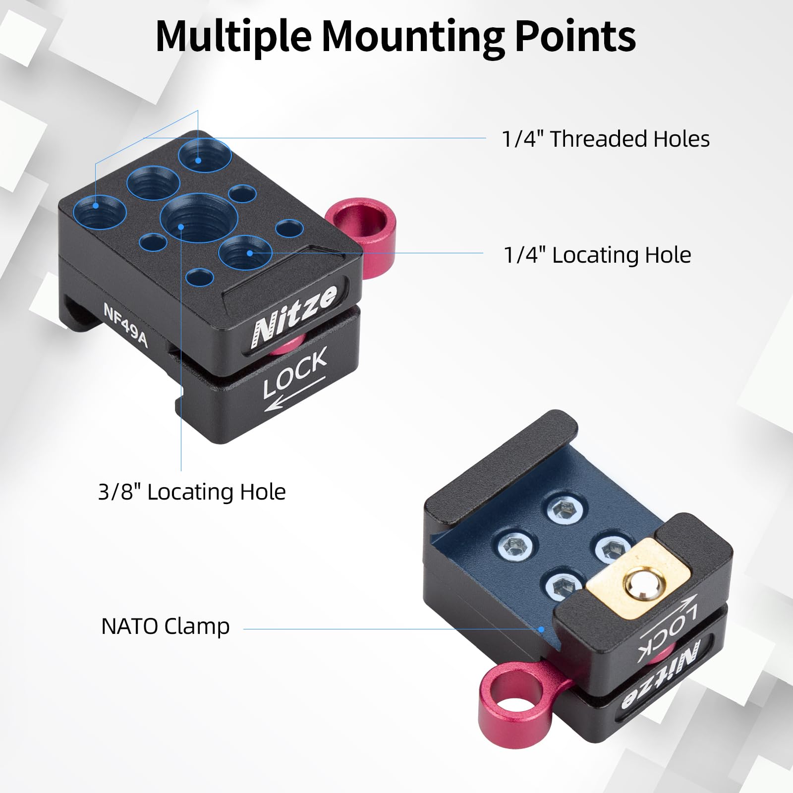 Nitze Quick Release Nato Clamp With 1/4� Threaded Holes, 1/4� Locating Hole And 3/8� Arri Locating Hole For Camera Cage Monitor Cage Magic Arm   Nf49A