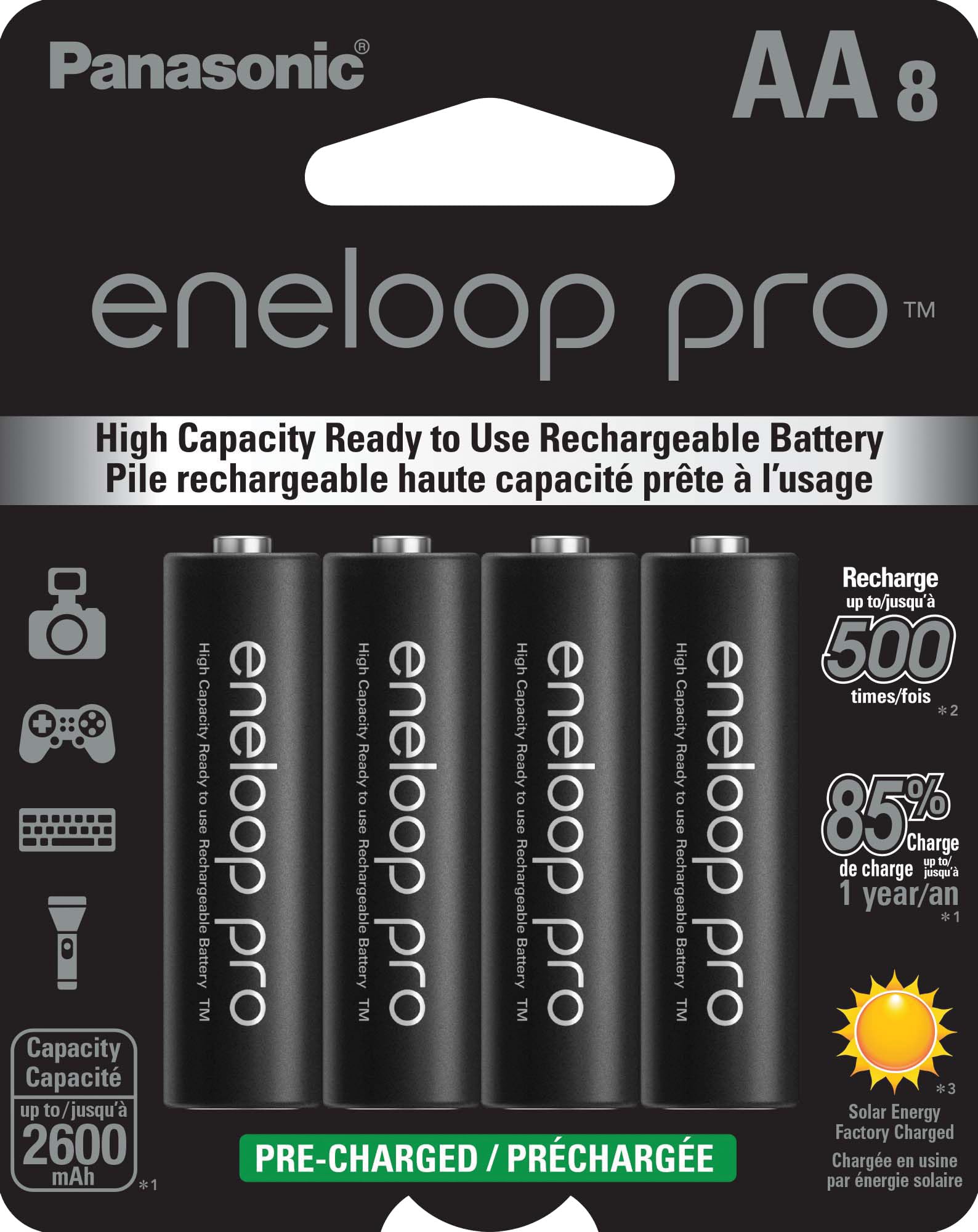 Eneloop Panasonic BK-3HCCA8BA pro AA High Capacity Ni-MH Pre-Charged Rechargeable Batteries, 8-Battery Pack