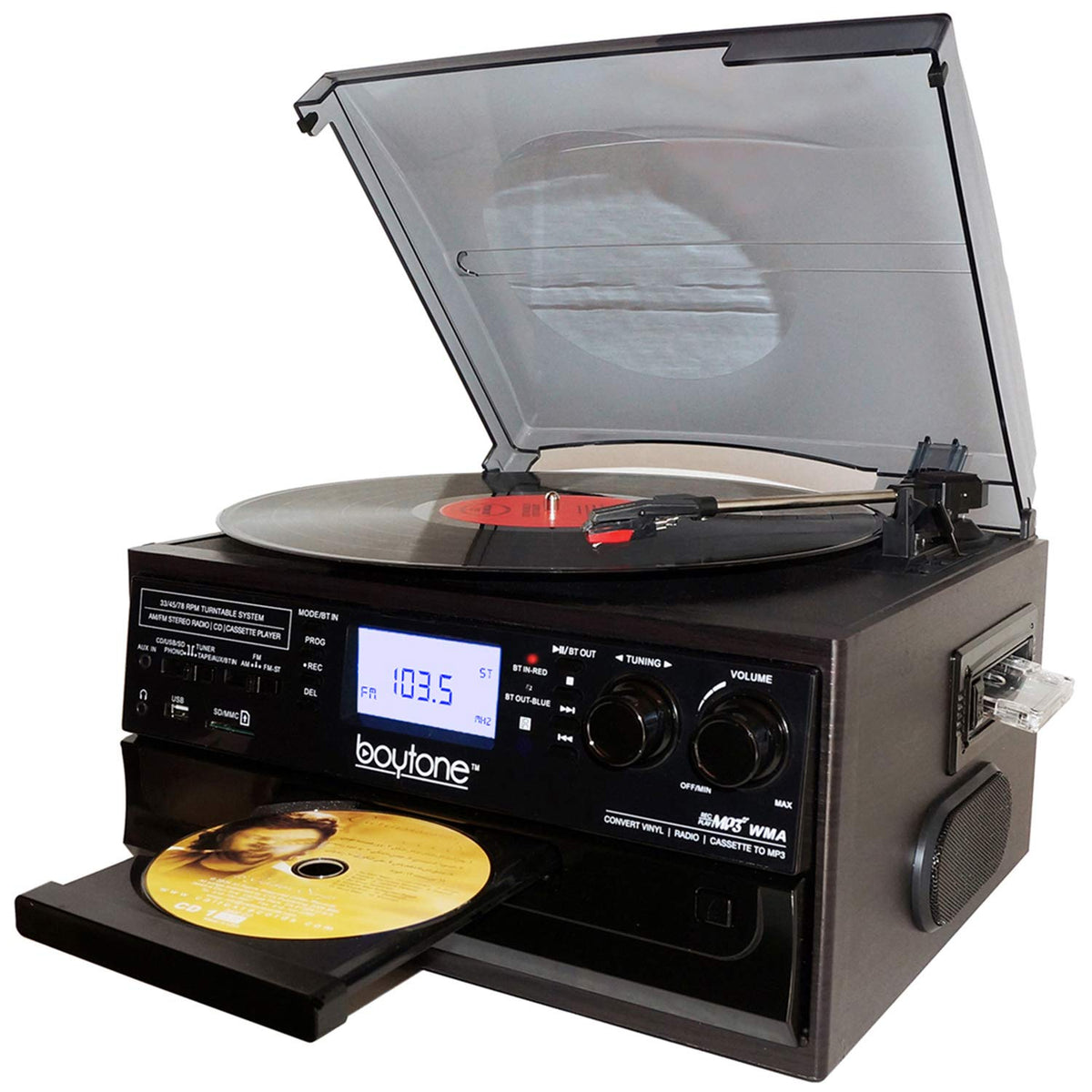 Boytone Bt 22B, Bluetooth Record Player Turntable, Am/Fm Radio, Cassette, Cd Player, 2 Built In Speaker, Ability To Convert Vinyl, Radio, Cassette, Cd To Mp3 Without A Computer, Sd Slot, Usb, Aux
