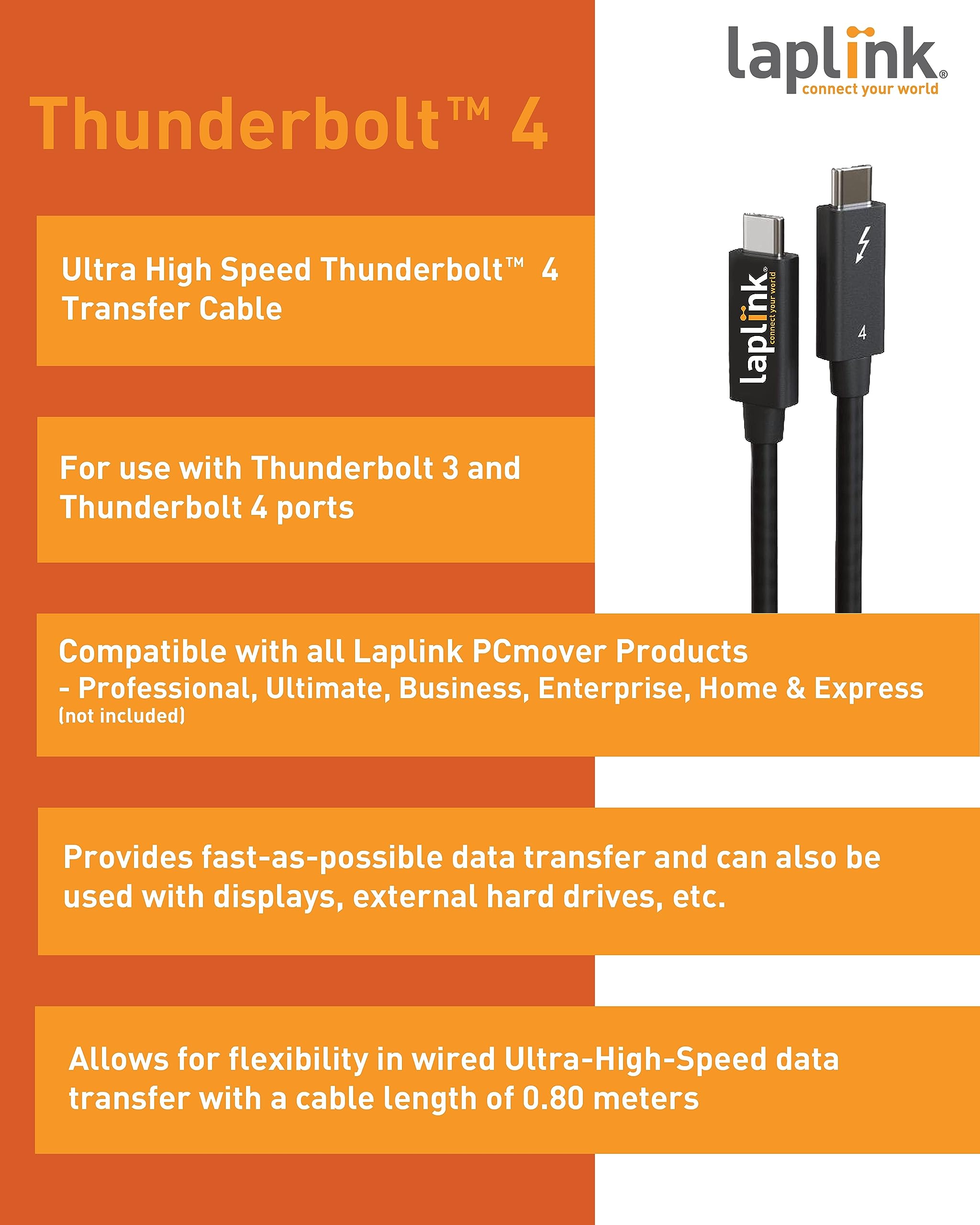 Laplink Thunderbolt 4 Ultra High Speed Transfer Cable, Transfer Cable For Pcmover Software (Not Included), Compatible With Thund