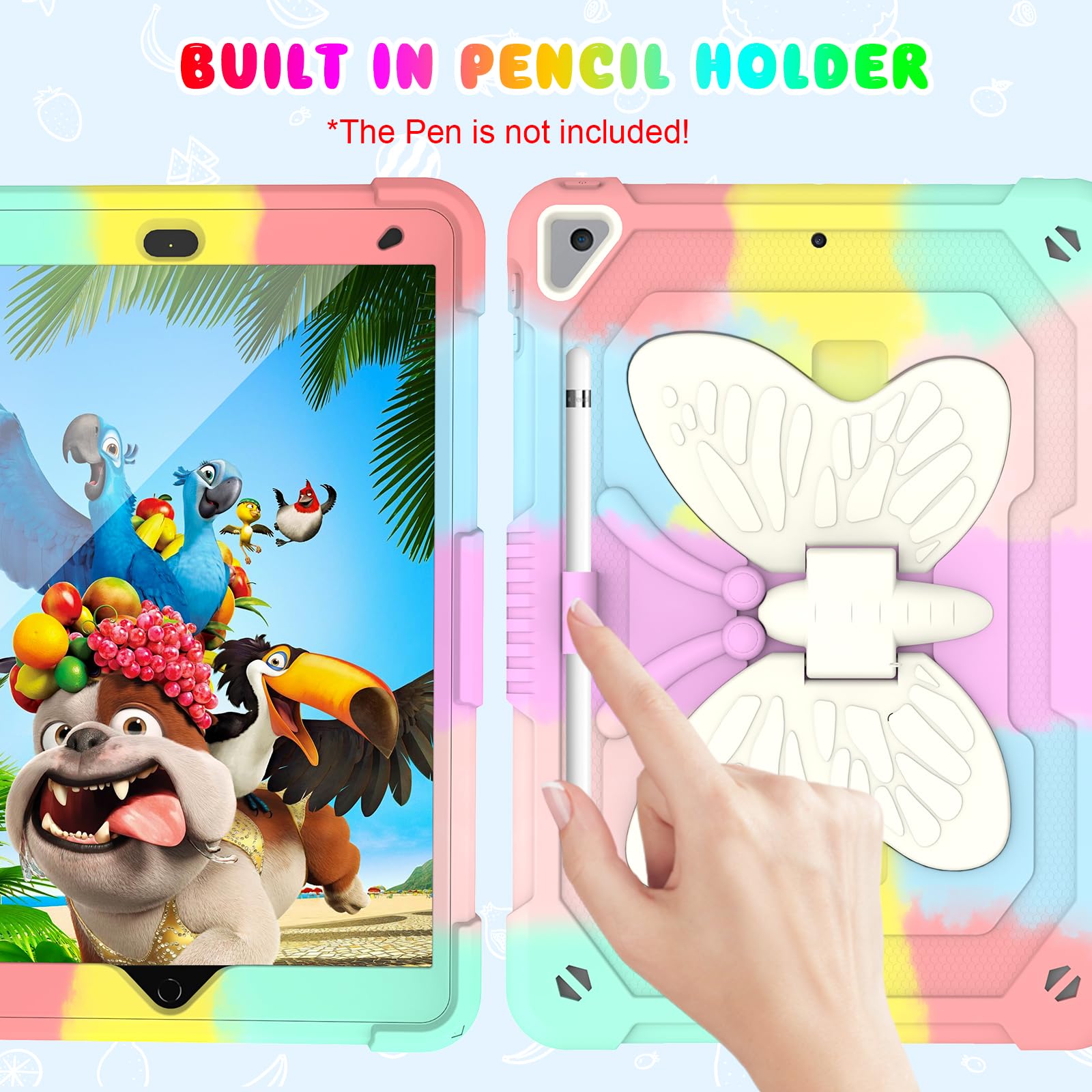 Blosomeet Pink Kids Case For Ipad 9Th/8Th/7Th Generation 2021/2020/2019 10.2 Inch With Tempered Glass Screen Protector & Butterf