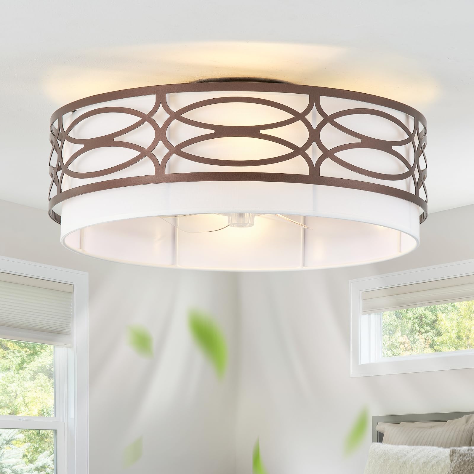 Zvilgesa 20 Brown Flush Mount Ceiling Fan with Light, Caged Boho Ceiling Fan with Lights Remote Control with 6 Speeds for Bedroo