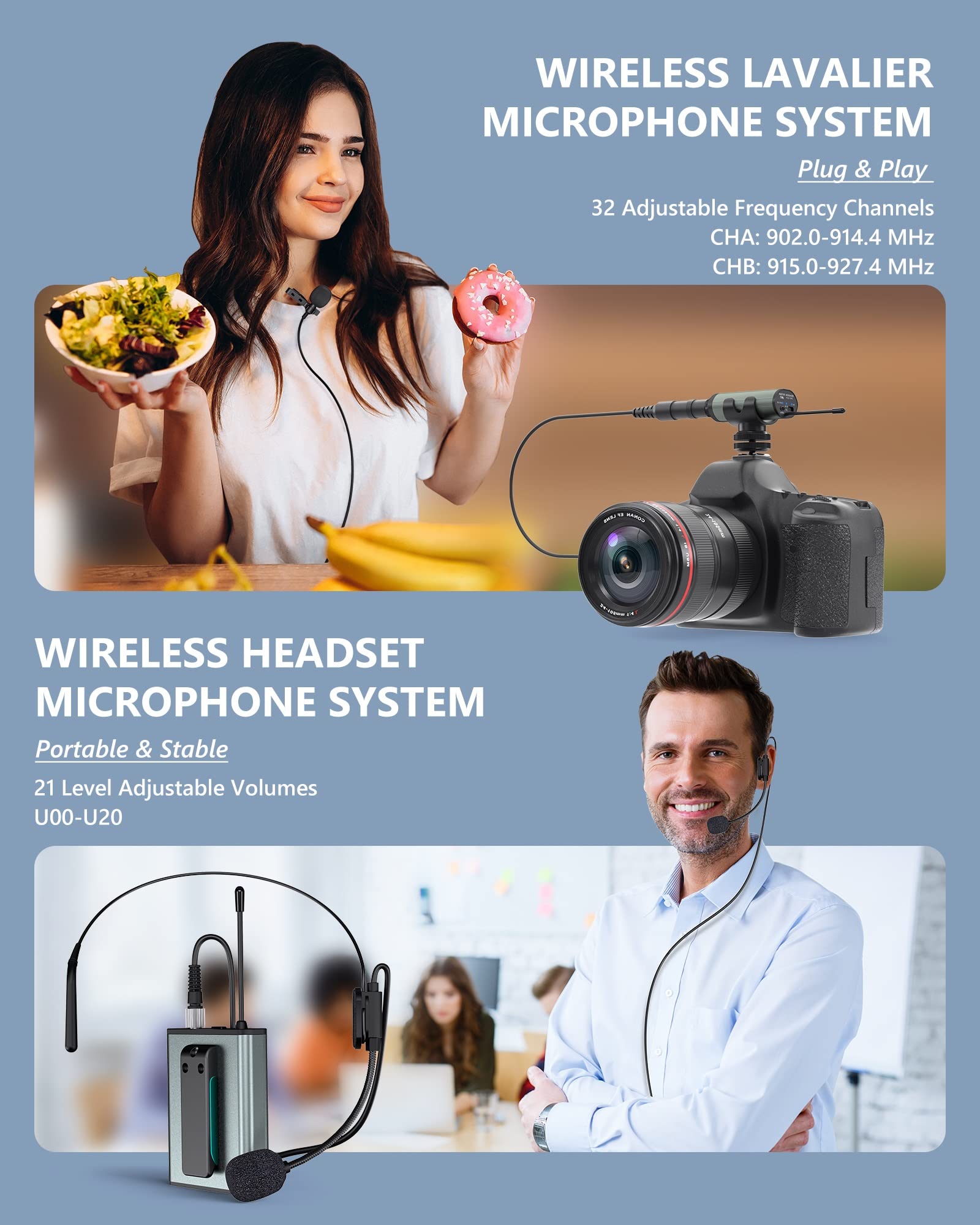 Wireless Microphone System Dual Transmitters Receiver Lavalier/Headset Mic Set Rechargeable Bodypack For Pa Speaker, Camera, Vid