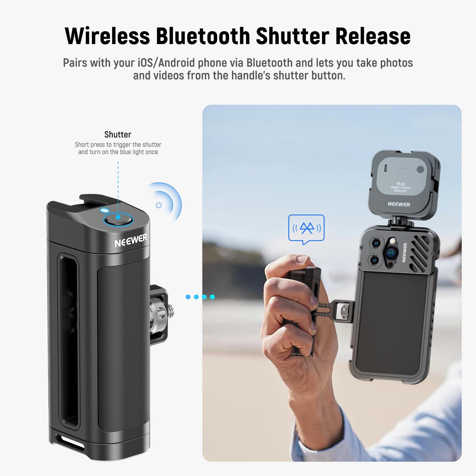Neewer Side Handle Grip With Wireless Remote Control Button Shutter Trigger For Smartphone Cage Video Rig, 2 Mount Adapters With