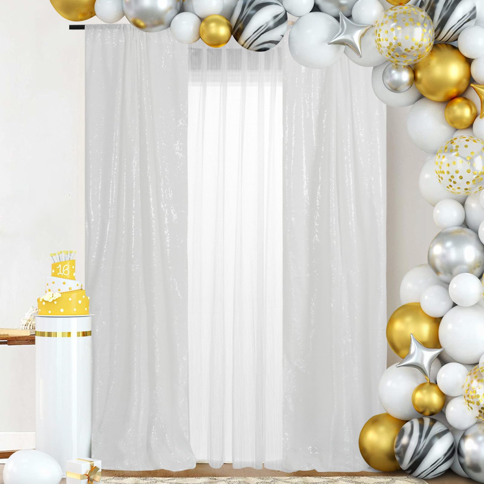 Partydelight White 2Ft X 8Ft Sparkly Sequin Backdrop Curtains, 2 Panels, For Wedding, Party, Room Decorations