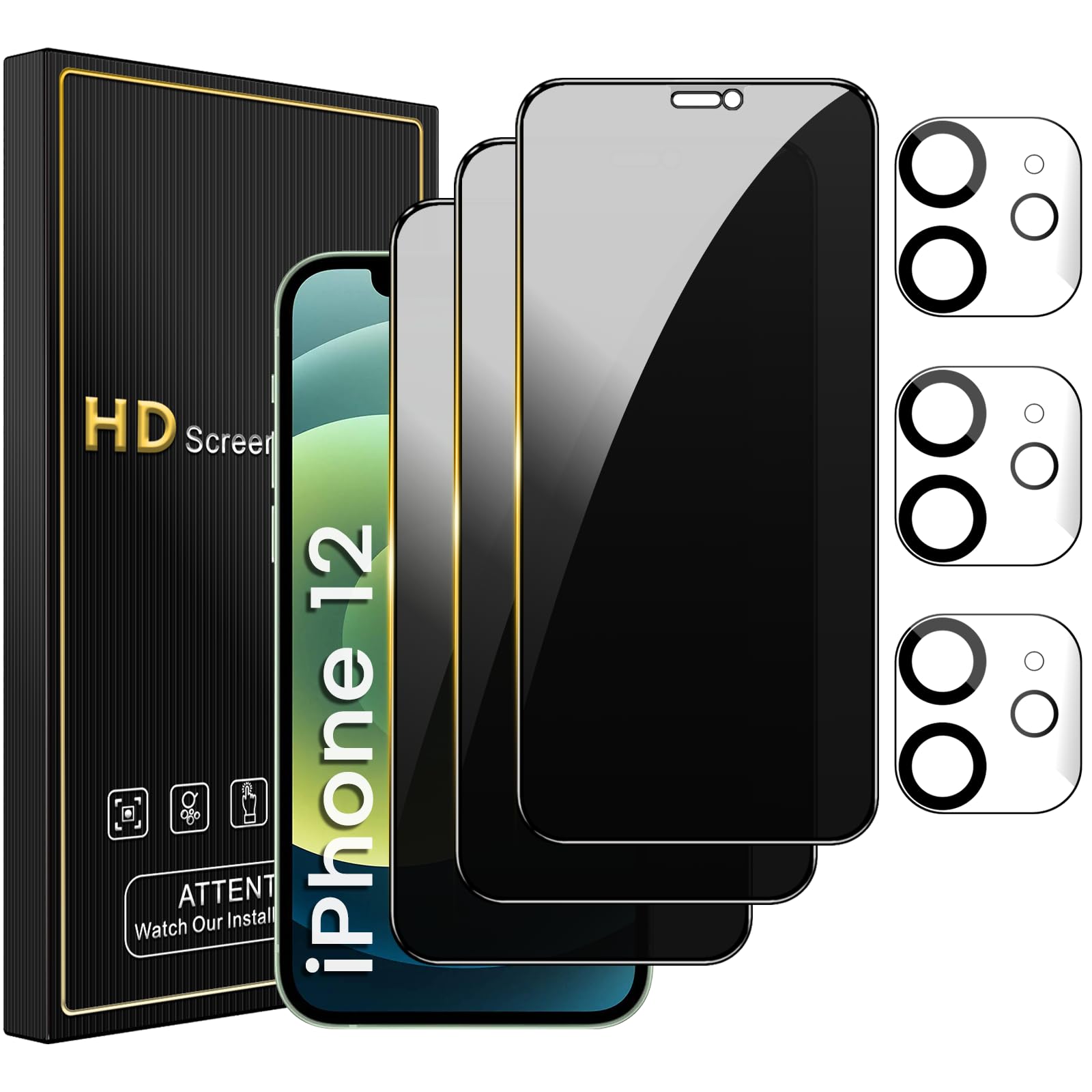 Nbiefuny 3 Pack Privacy Screen Protector For Iphone 12 6.1 Inch With 3 Pack Camera Lens Protector, Anti Spy Tempered Glass Film,