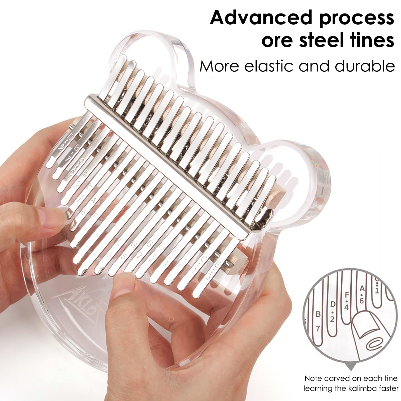 Kalimba Thumb Piano, Aklot 17 Keys Transparent Acrylic Bear Finger Piano Note Carved Starter With Case Tune Hammer Study Booklet