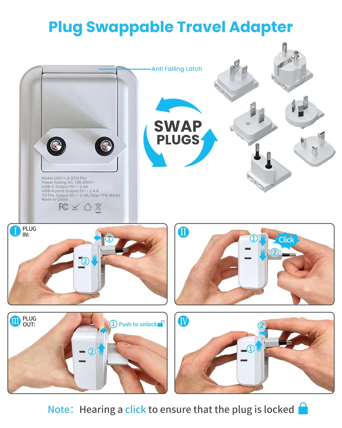 Vintar Universal Travel Adapter Kit, International Power Adapter With 4 Ac & 3 Usb Ports(2 Usb C), Type A,B,C,E/F,G,I, Swap Adap