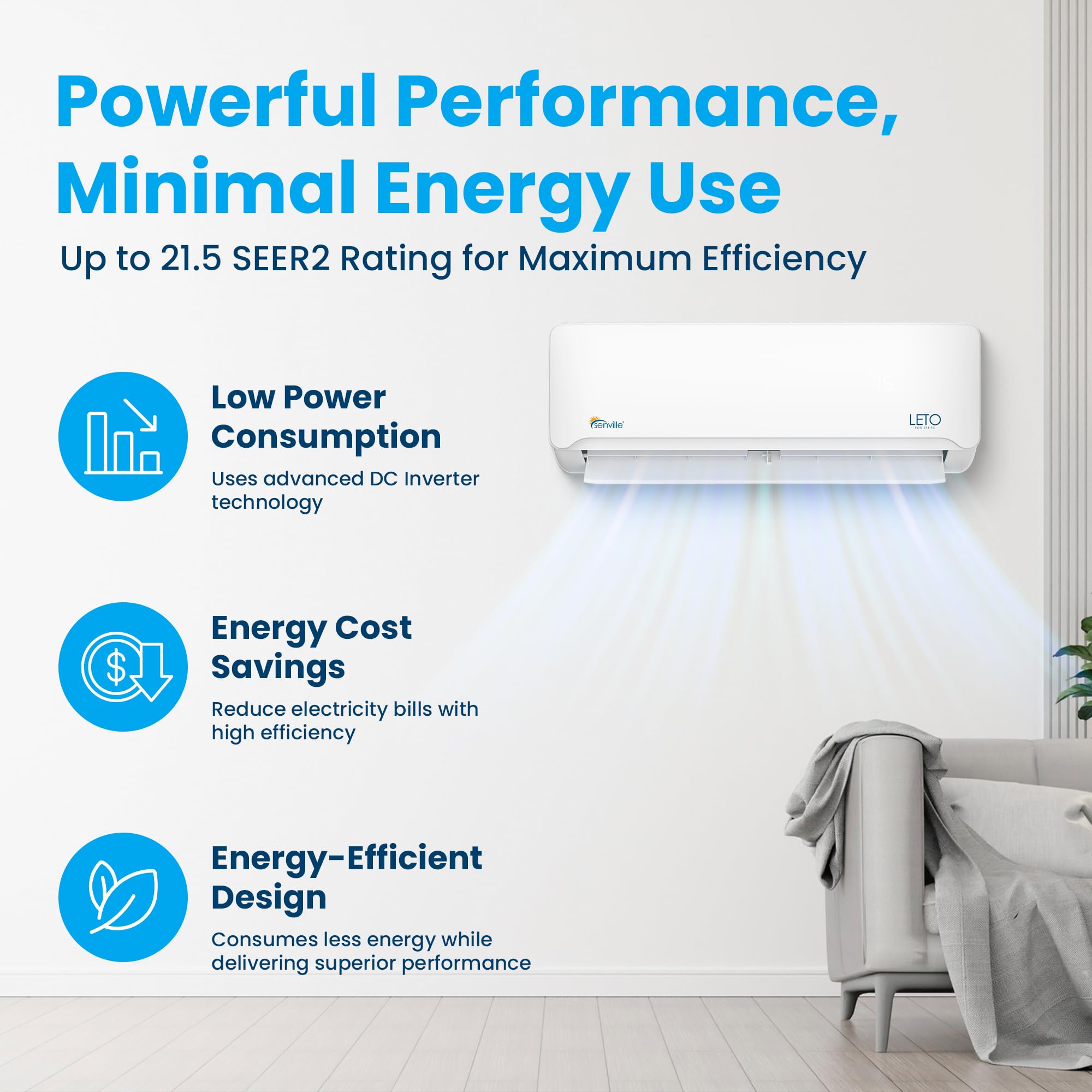 Senville Leto Series Mini Split Air Conditioner Heat Pump, 9000 Btu 208/230V, Inverter, Works With Alexa, 0.75 Ton, White