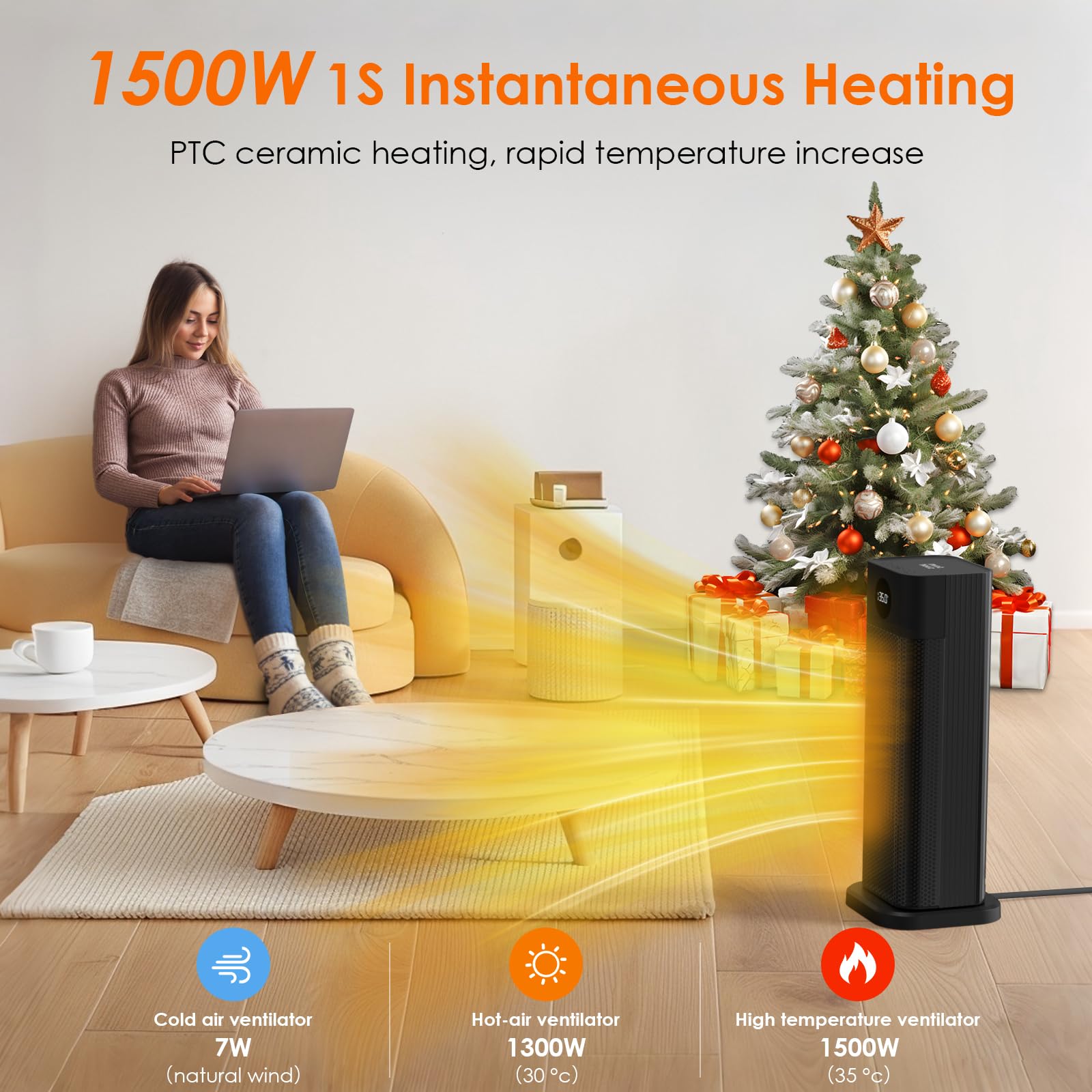 Space Heater   1500W Ptc Ceramic Tower Heaters For Indoor Use With Adjustable Thermostat, Timer And Remote Control, Quick 1S Hea
