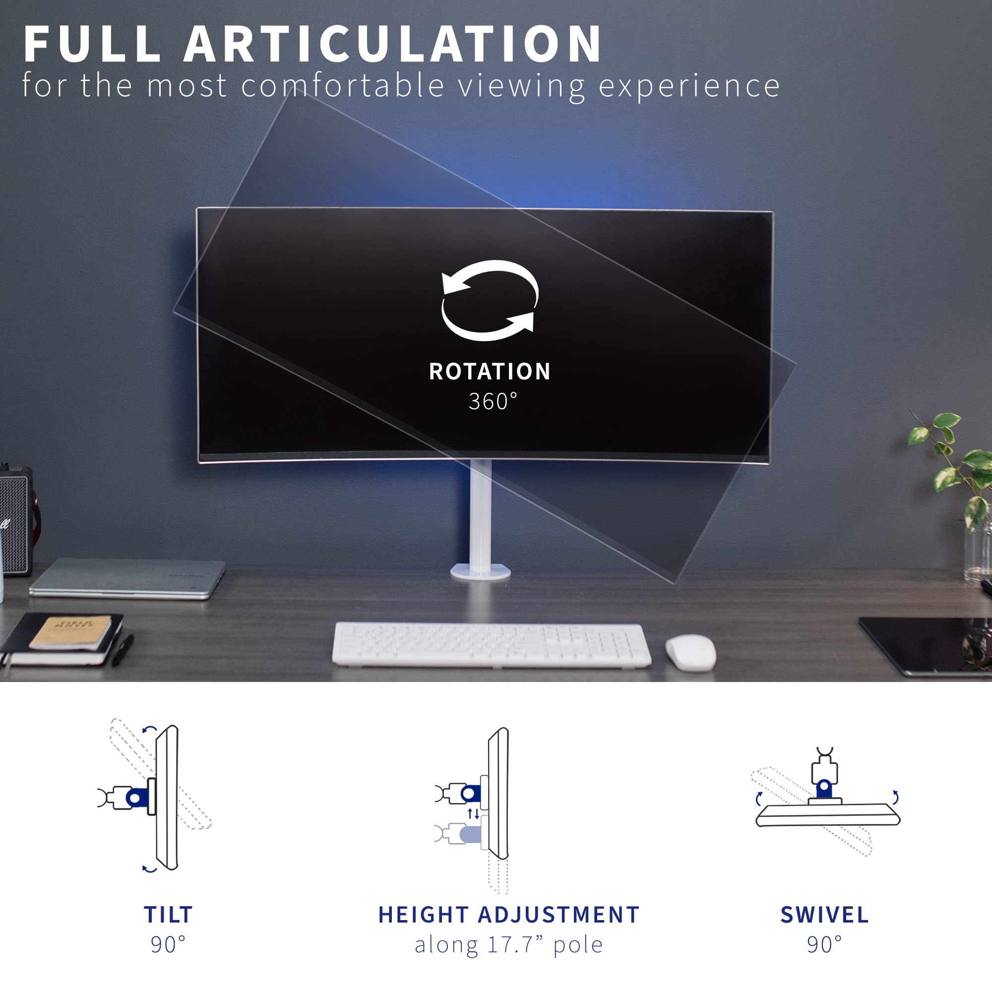 VIVO Single 13 to 38 inch LCD Monitor Heavy Duty Desk Mount Stand, Holds 1 Standard to Ultrawide Screen up to 38 inches, White, STAND V001CW